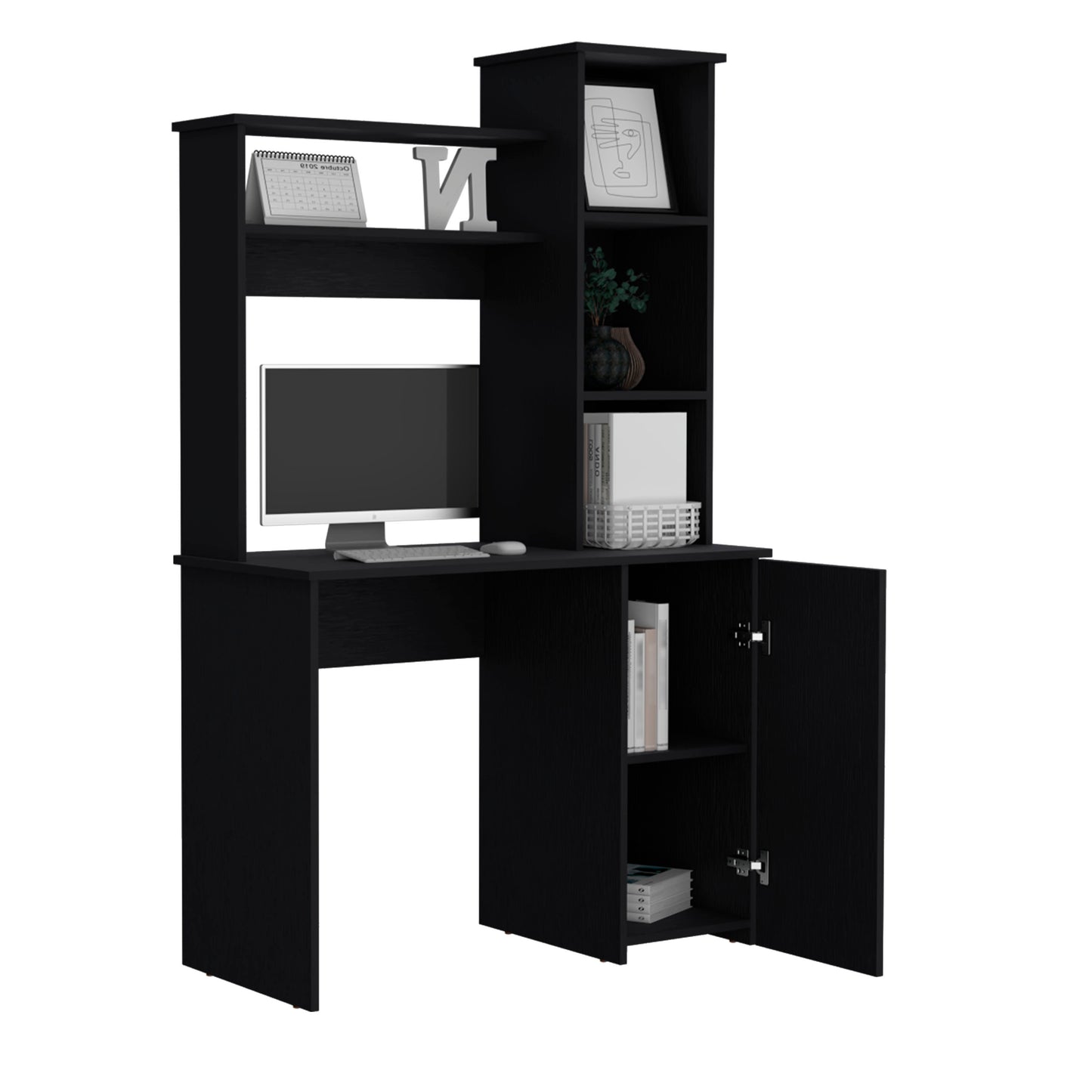 Black modern computer desk with hutch display shelf and cabinet storage