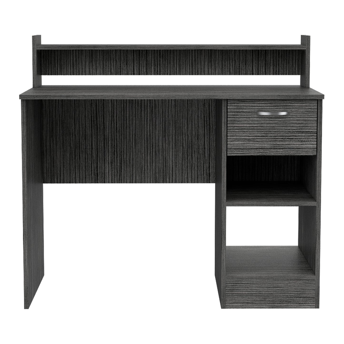 Dark gray laminate wood desk with a builtin hutch and one drawer