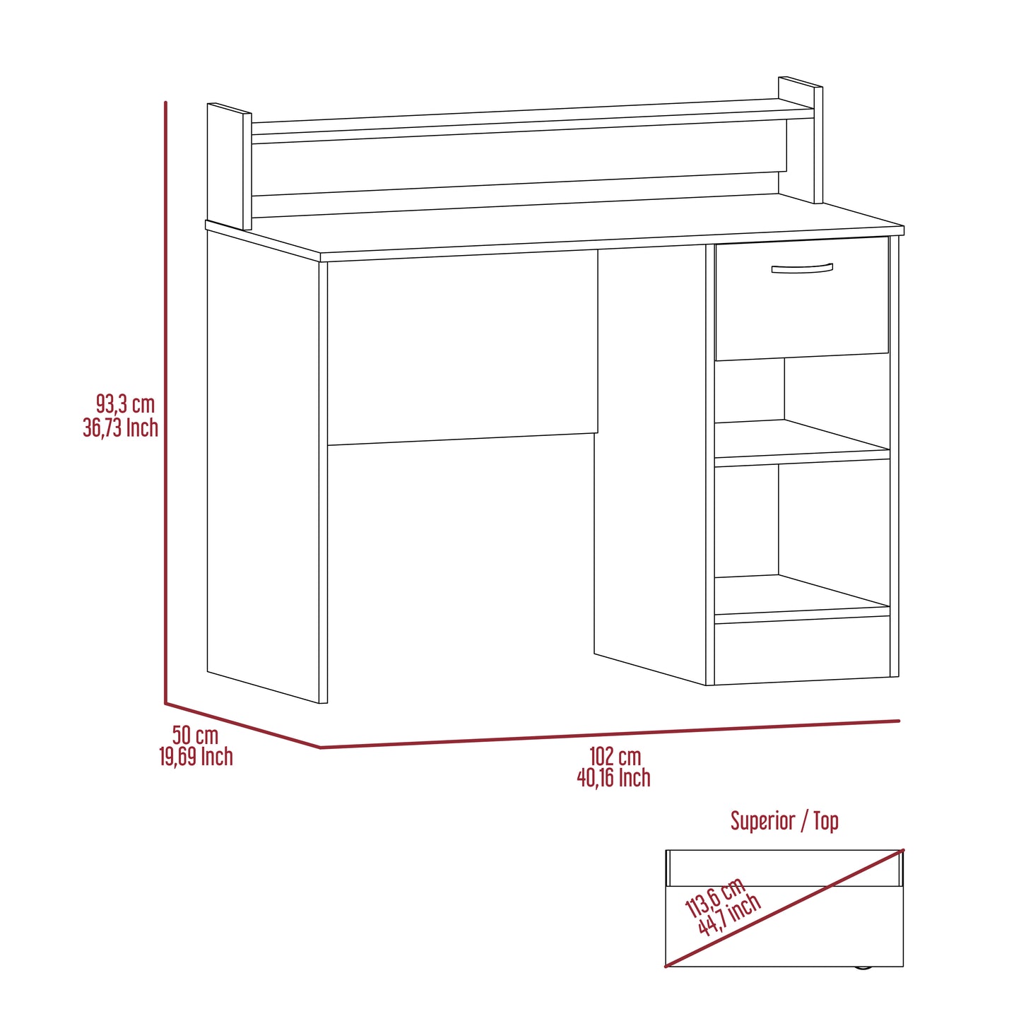 Line drawing of a modern white desk with shelving and a drawer