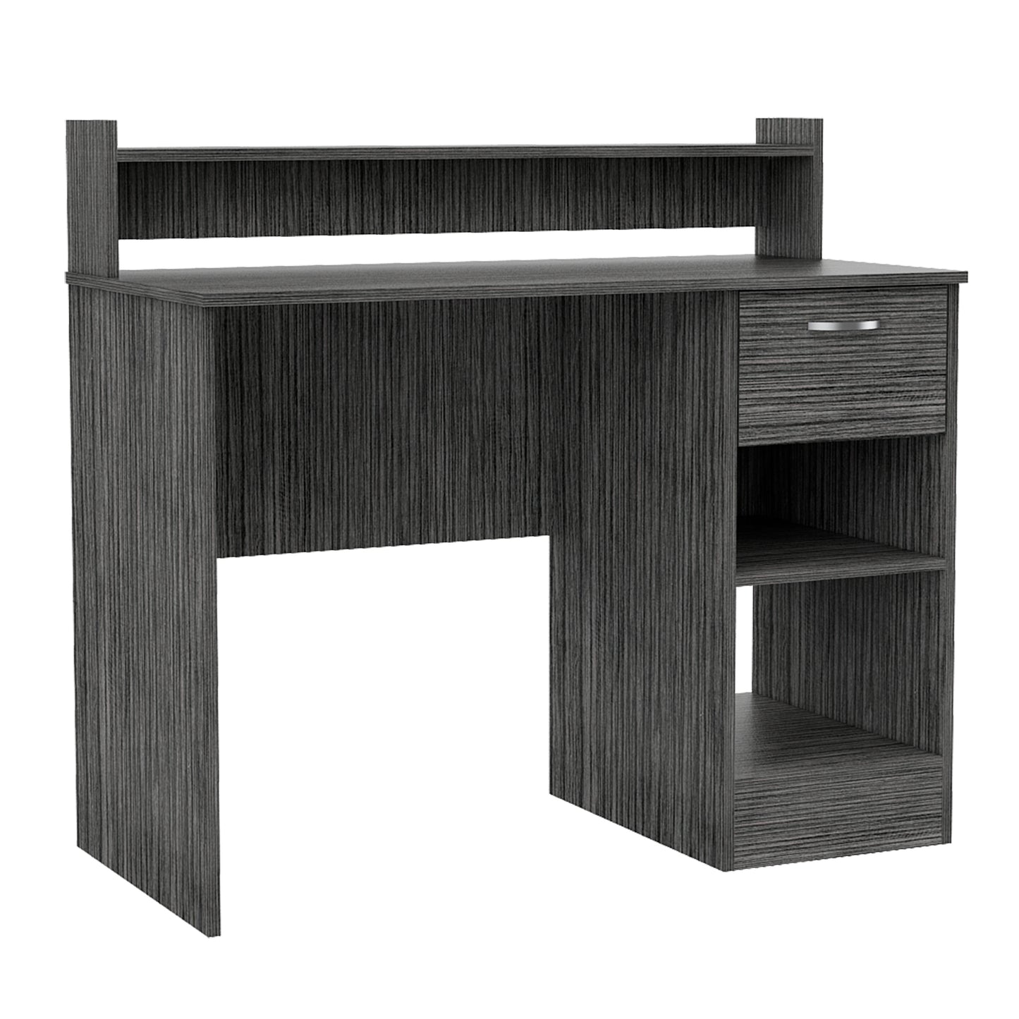 Dark gray wood grain student desk with hutch and drawer