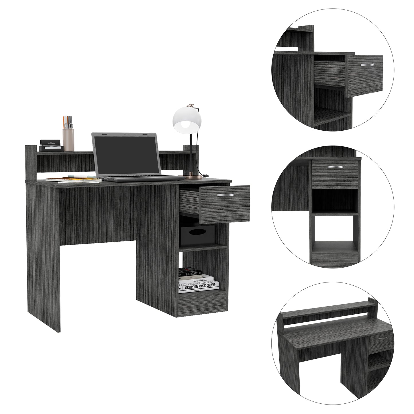 Modern dark grey wood grain computer desk with drawers and shelving for home office use