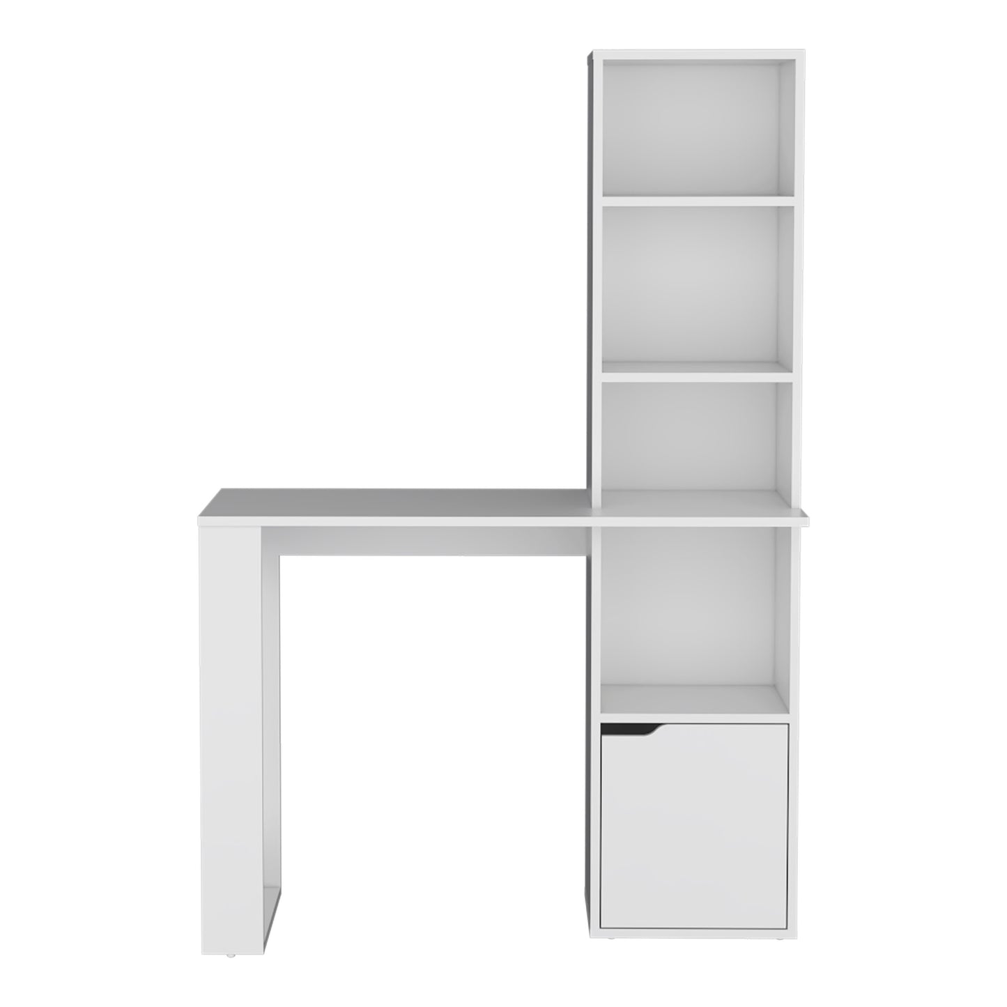 Modern white computer desk with an attached bookshelf and cabinet for home office