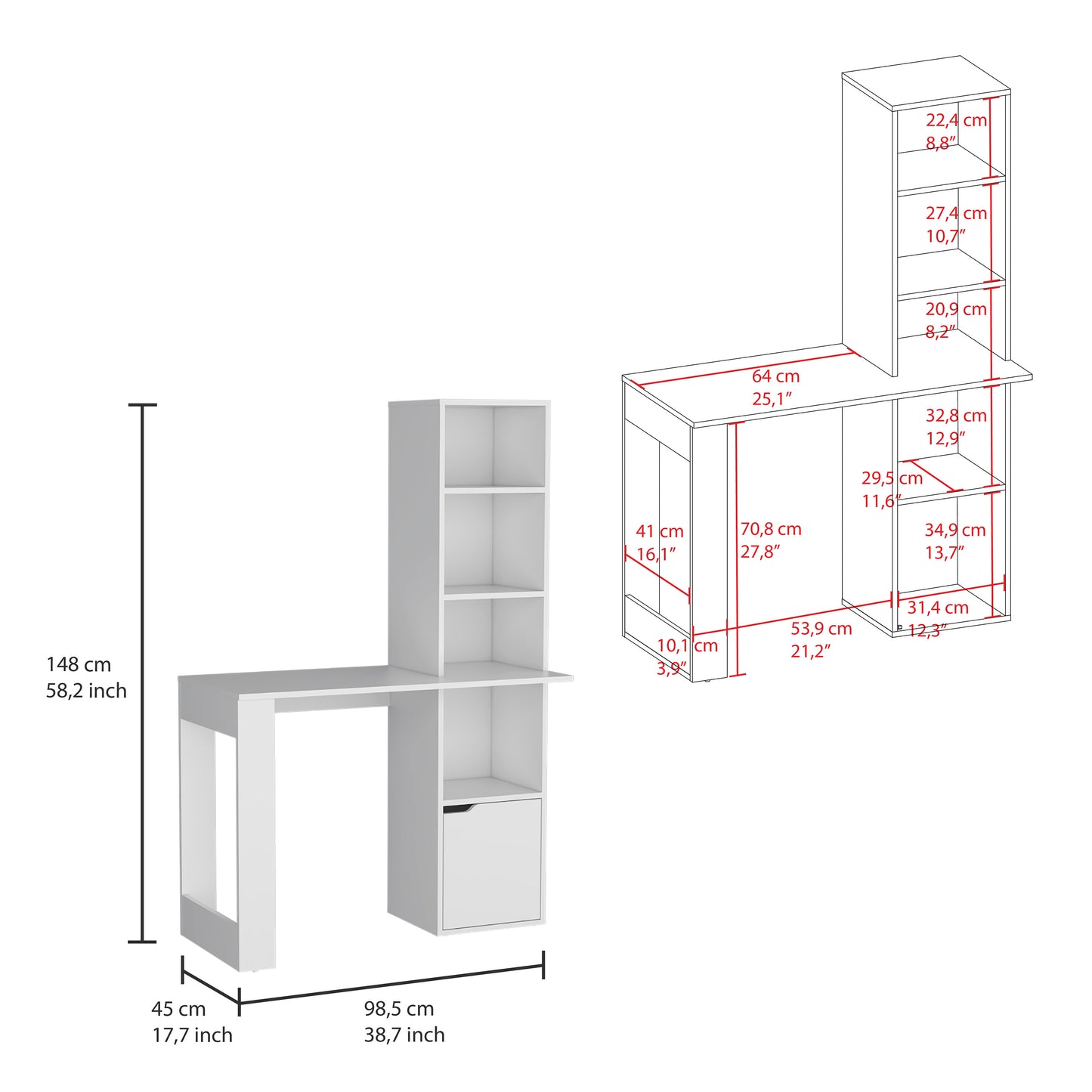 White modern desk with shelves and drawer cm width