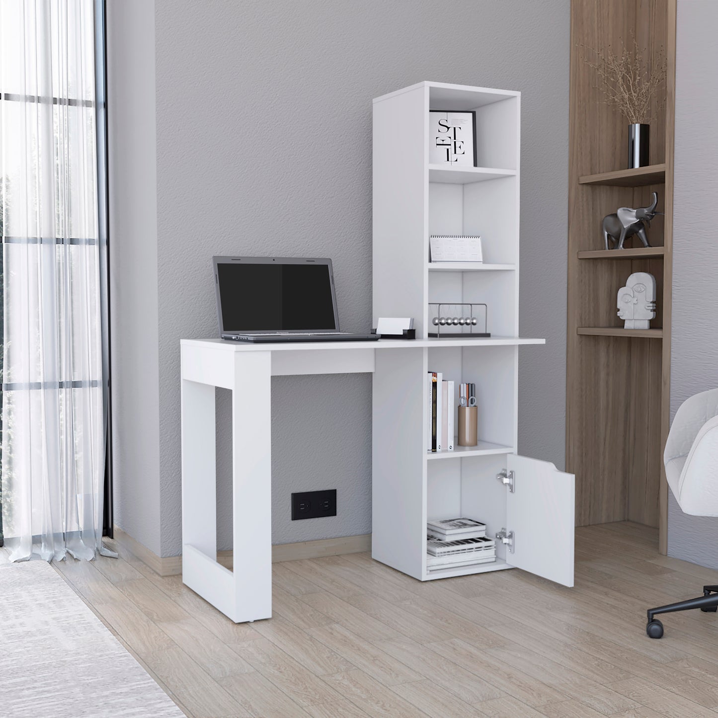 Modern white compact desk with attached bookshelf ideal for small spaces