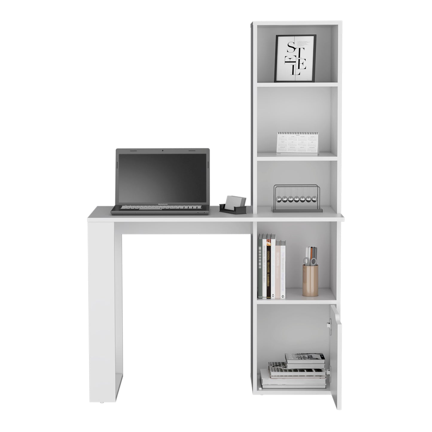 White modern computer desk with integrated shelving unit and laptop