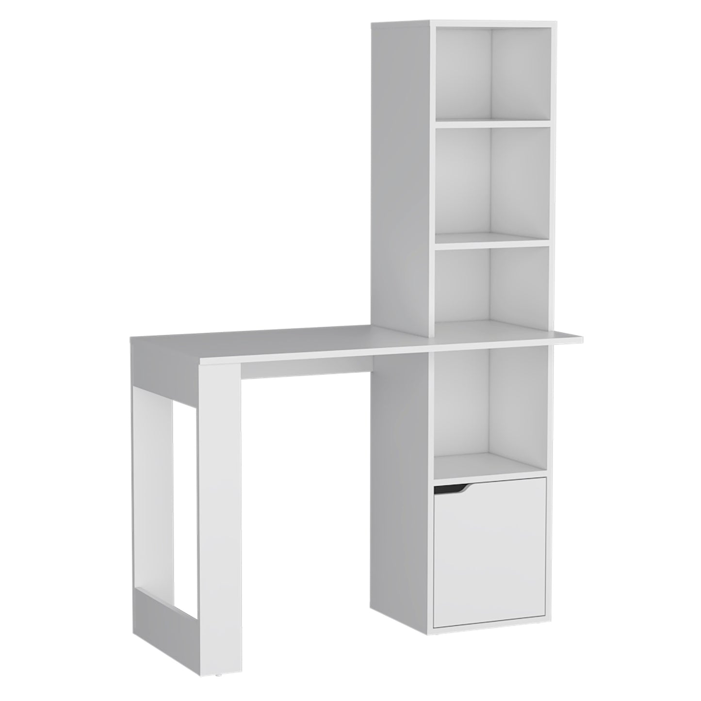 Modern white computer desk with integrated shelving and drawer unit