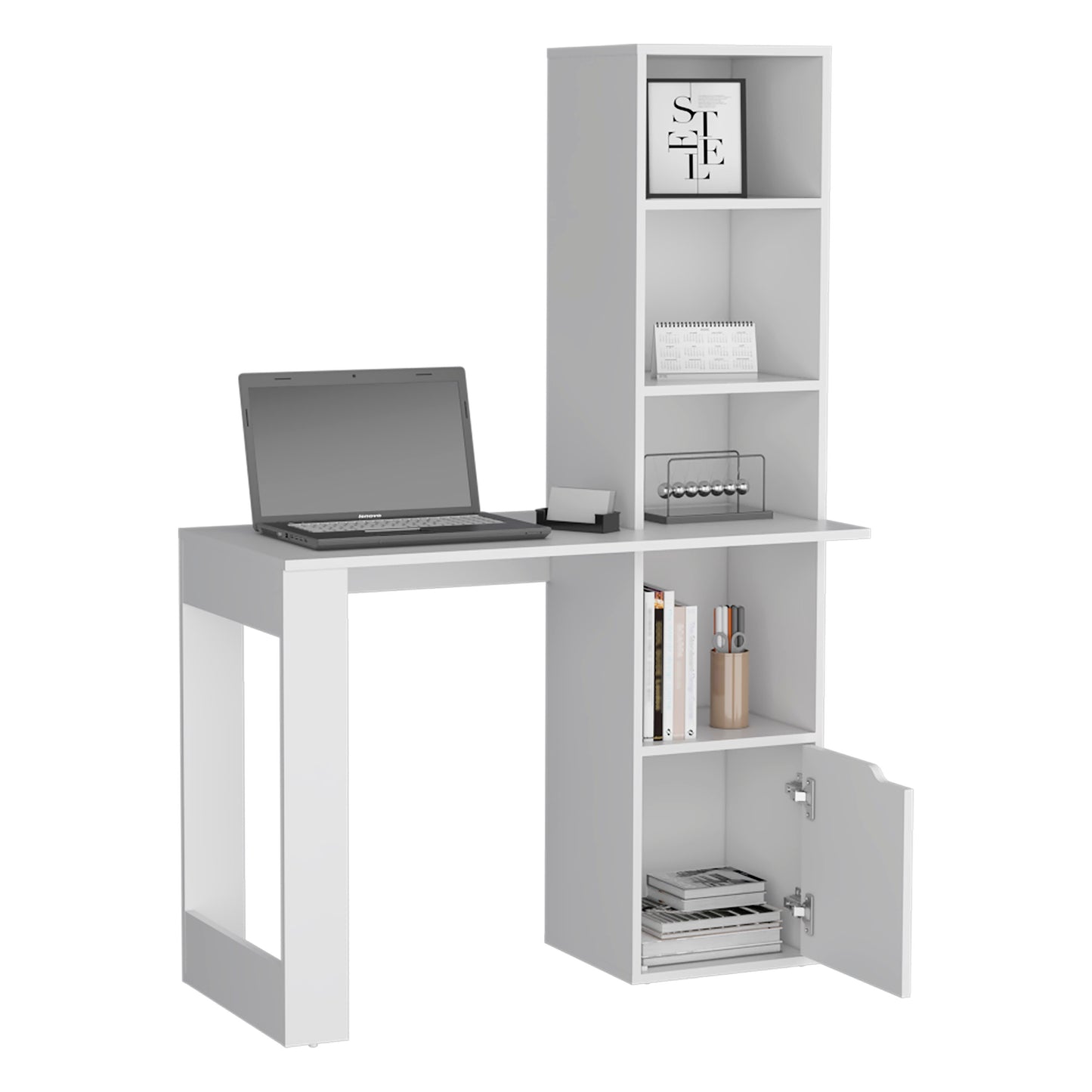 Modern white particle board desk with integrated shelving and a laptop