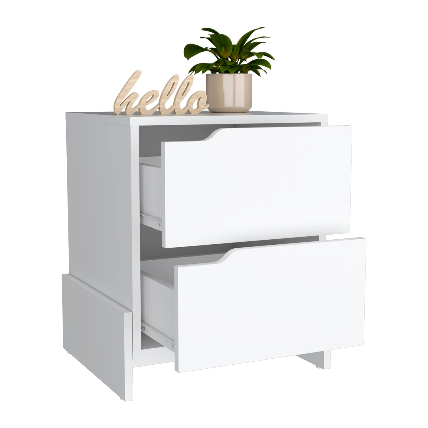 Modern white bedside table with two deep drawers and minimalist design