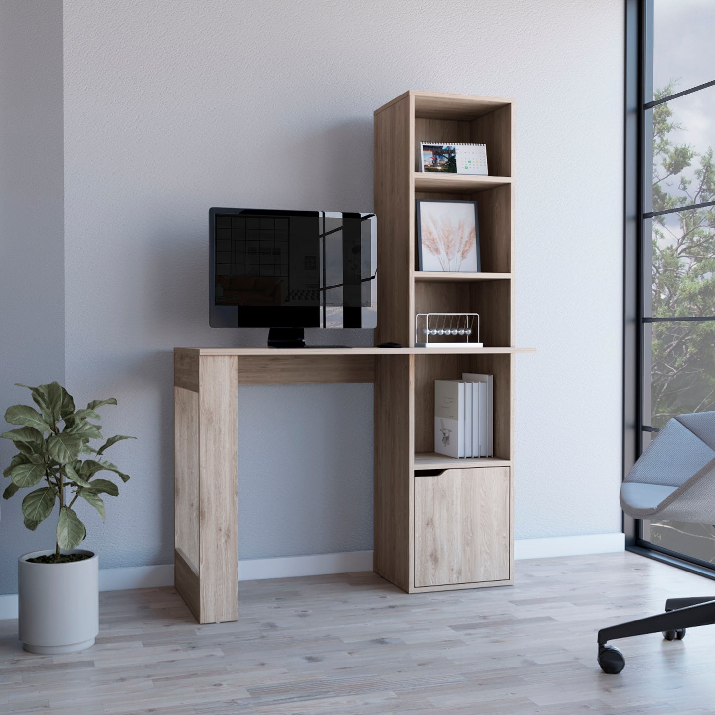 Modern light oak computer desk with integrated bookshelf for home office setup