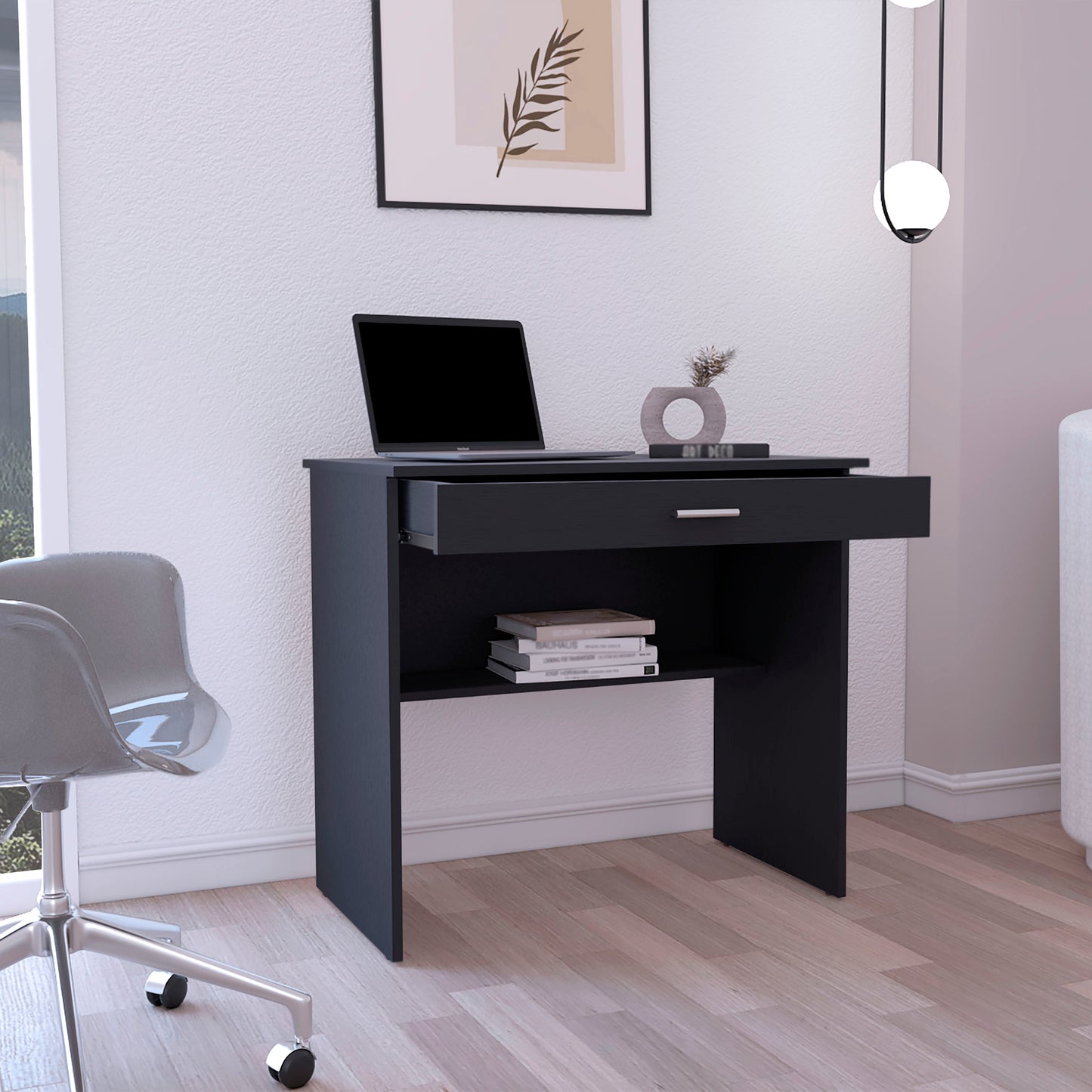 Sleek black writing desk with an open drawer and a lower shelf for books