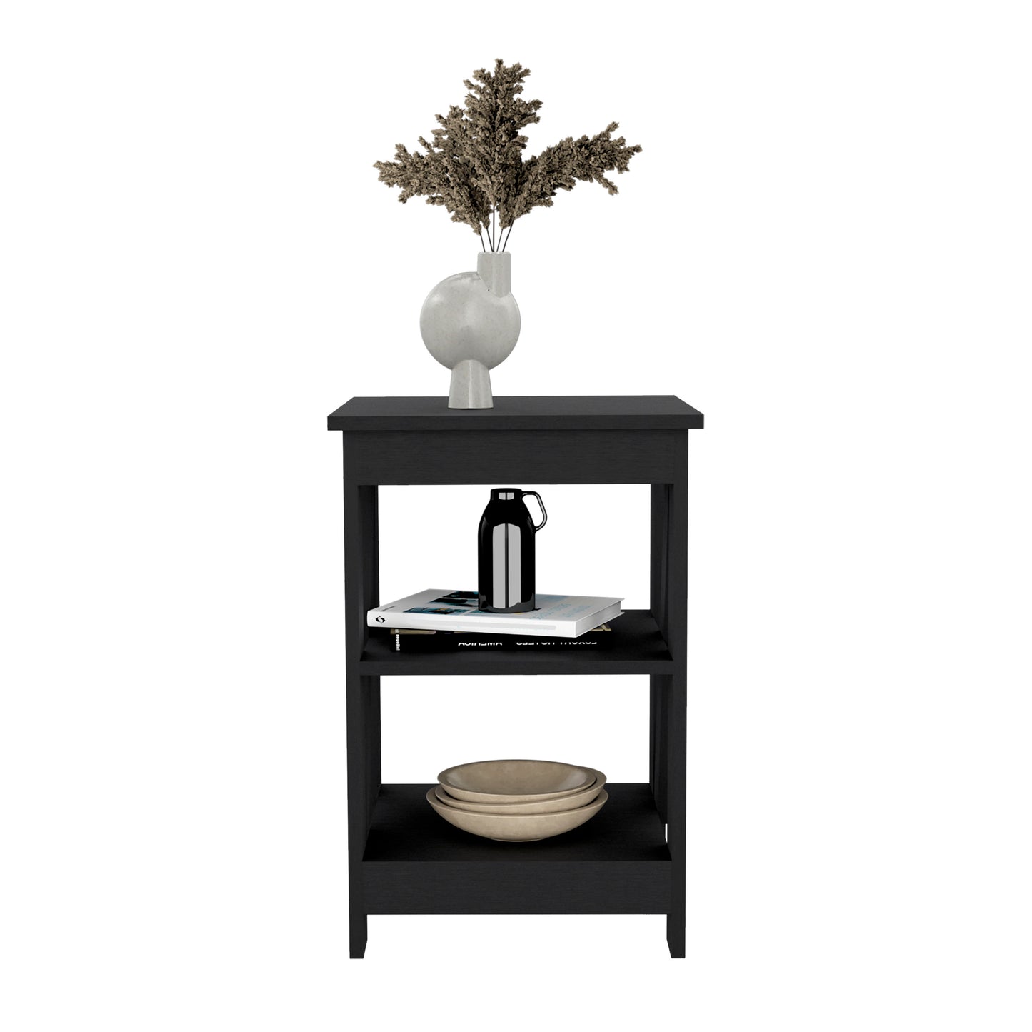 Black modern side table with decorative vase and nesting bowls