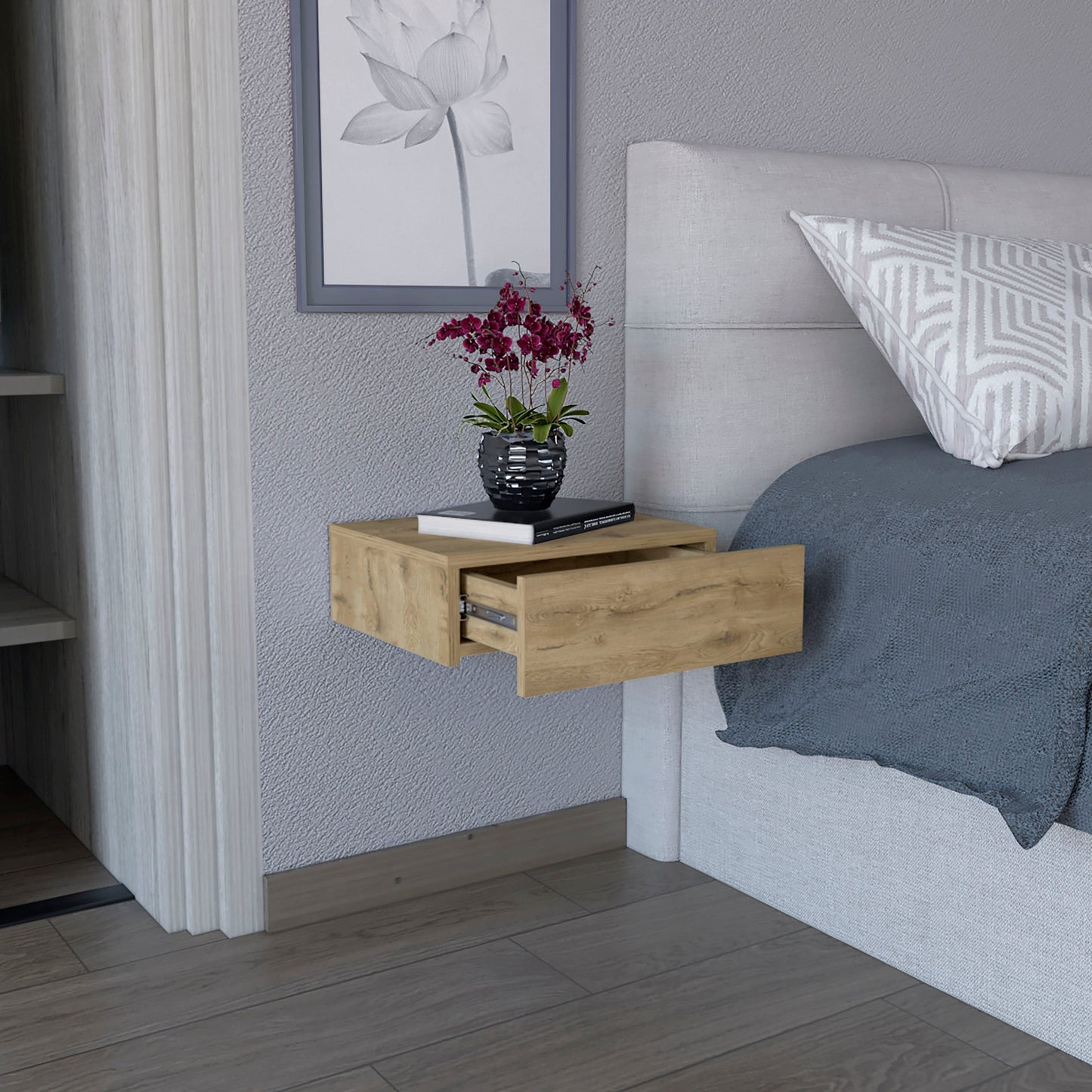 Wall mounted nightstand in light oak finish with one drawer open