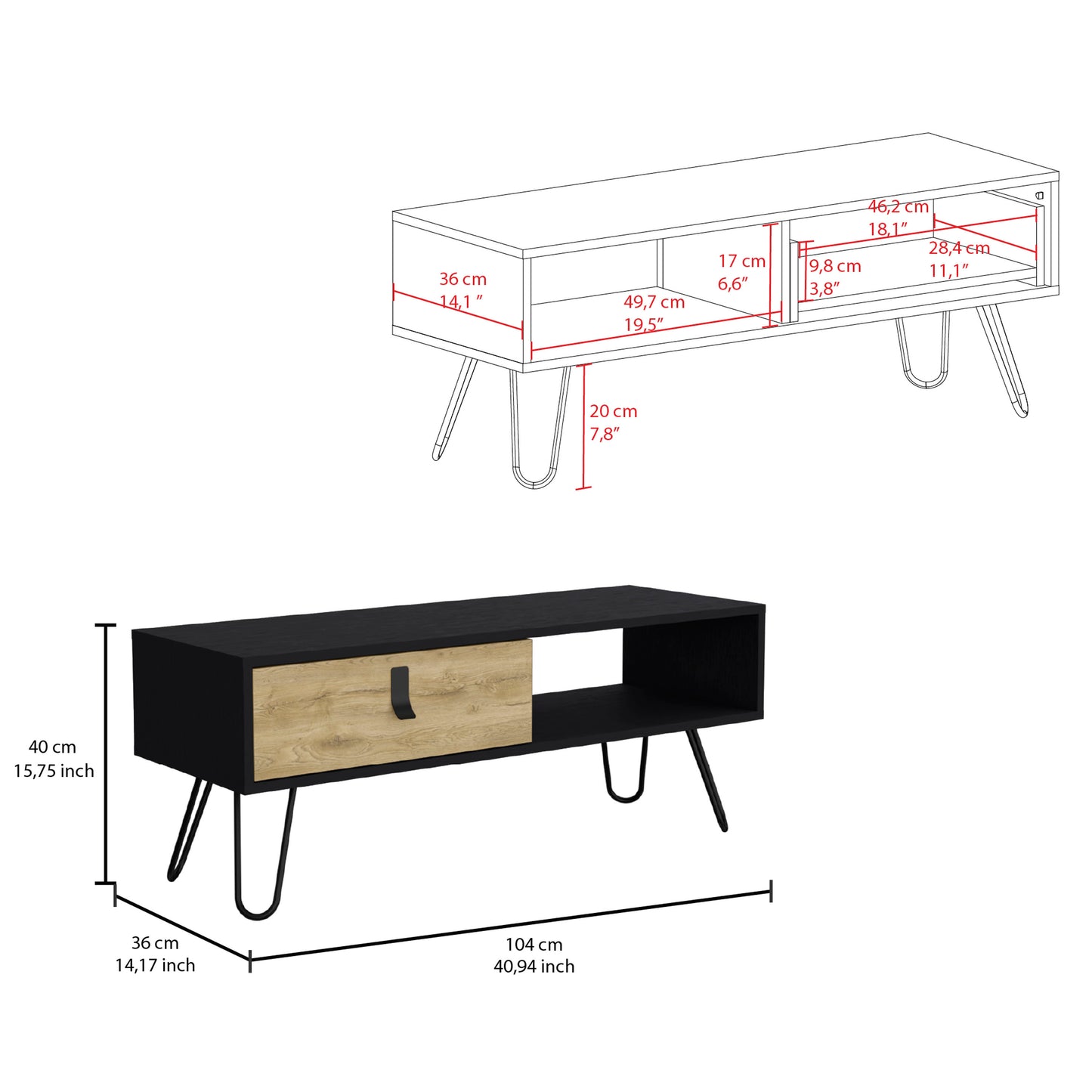 Black and wood grain TV stand with single drawer and open shelf