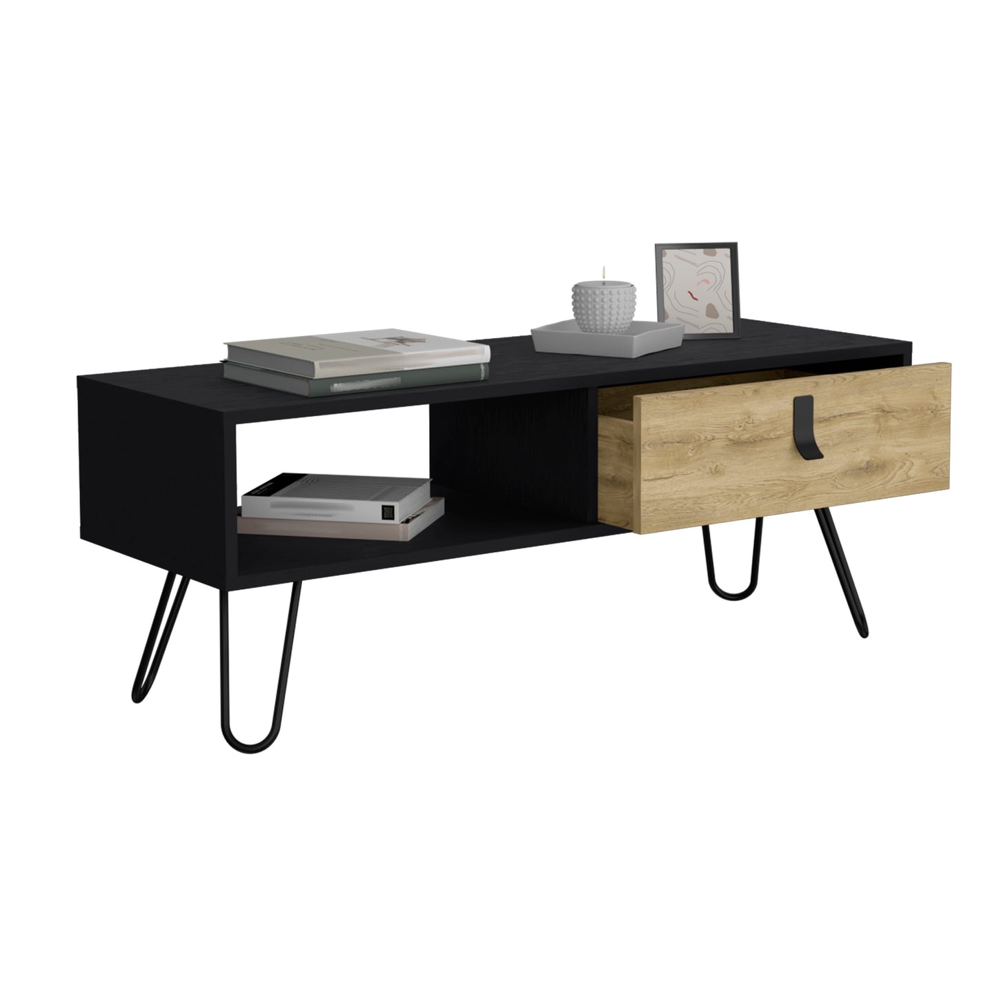 Black midcentury modern TV stand with oak drawer and hairpin legs for media storage