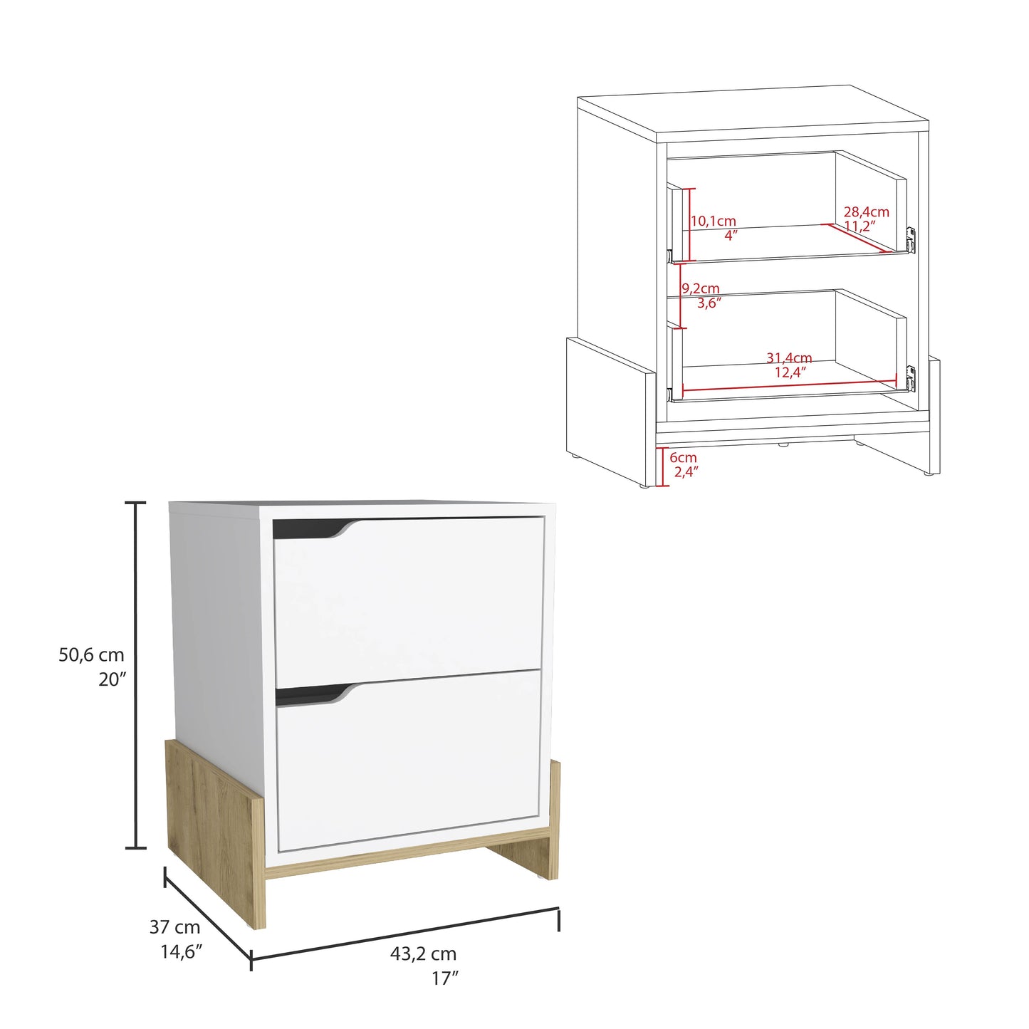 White twodrawer nightstand with wood base and chrome handles