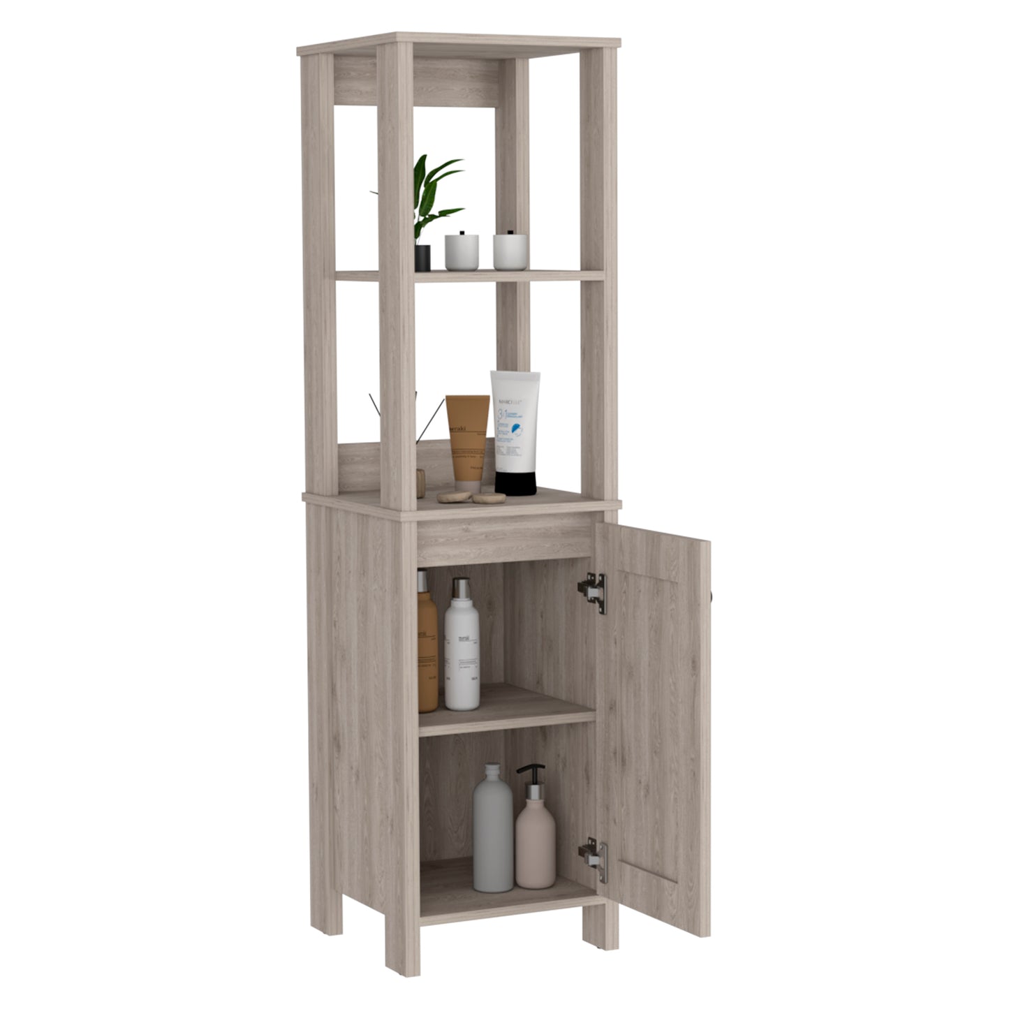 Tall light wood grain bathroom cabinet with open shelves holding decorative items