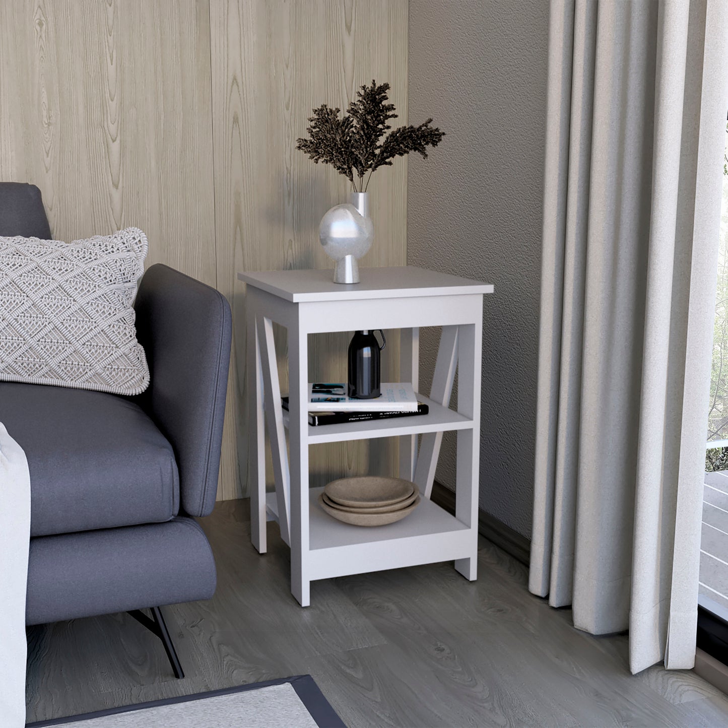 White modern end table with two shelves featuring decorative Xframe legs ideal for living rooms