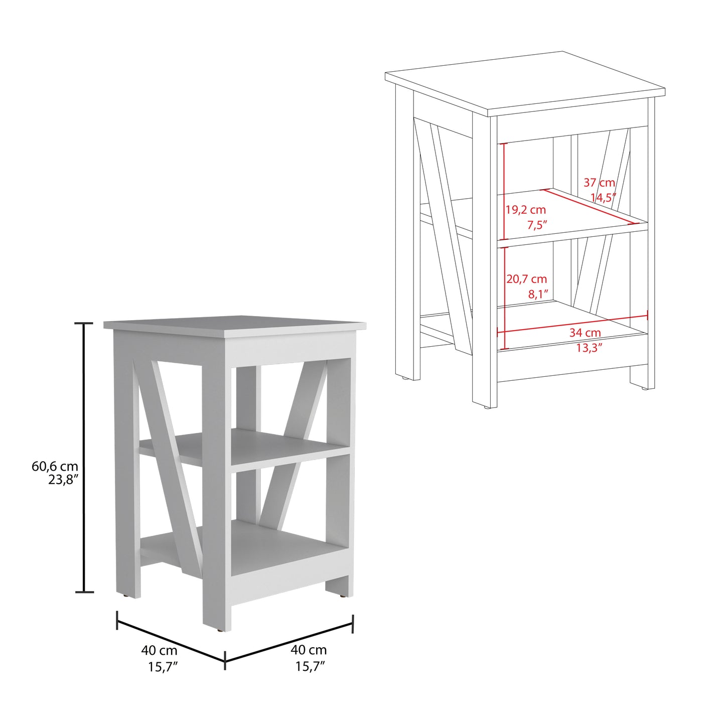 White wooden accent table with two shelves and crossbraced sides Measures cm high