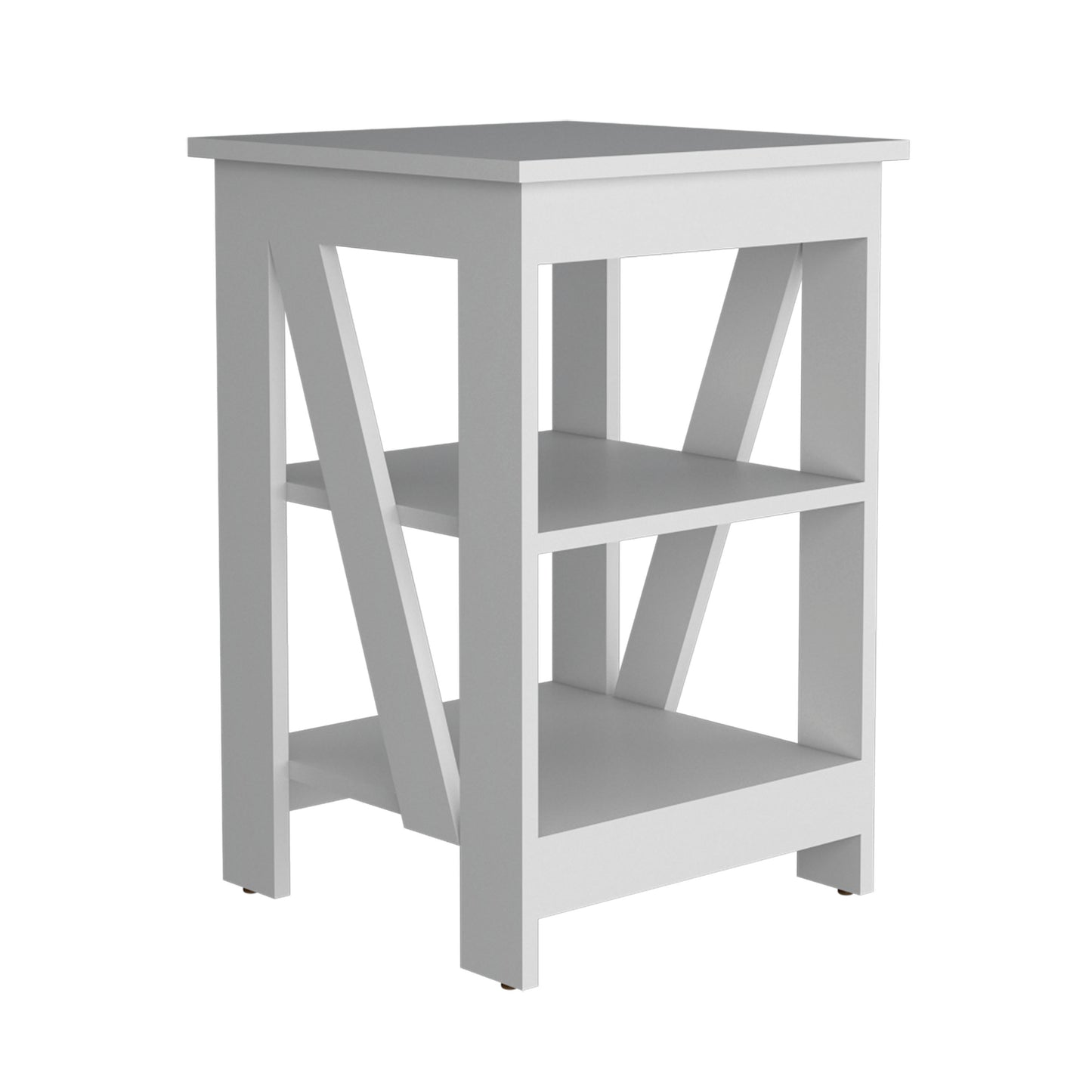 White modern side table with two shelves and a clean minimalist design