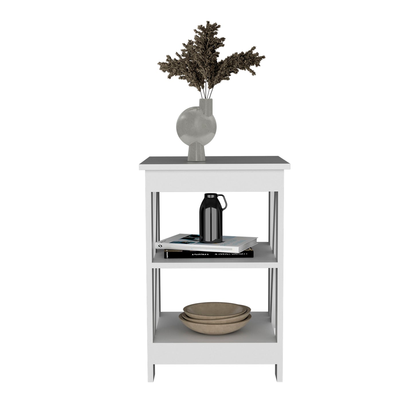 Minimalist white side table with three shelves displaying decor