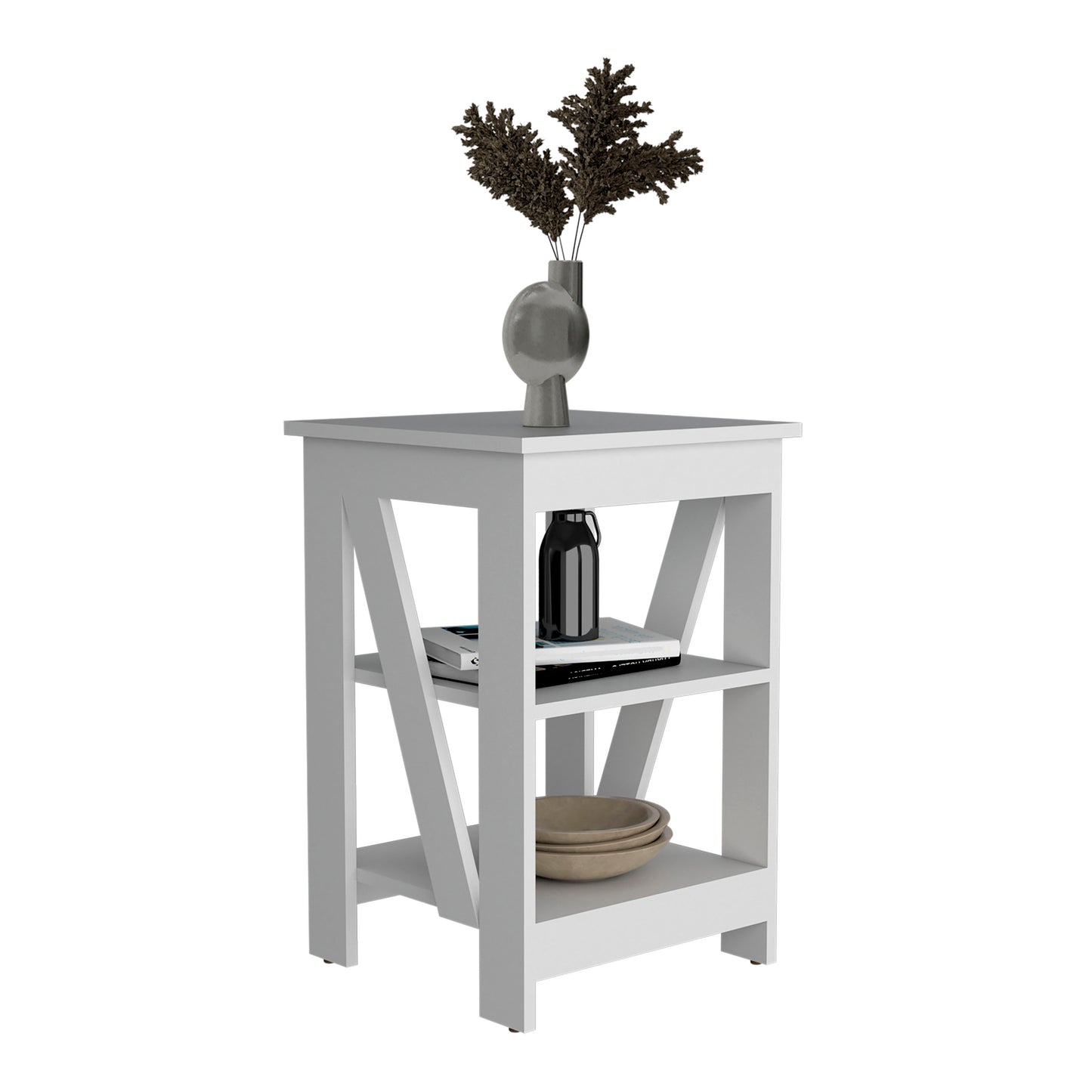 White Xframe end table with two shelves decorative vase with dried branches books and bowls