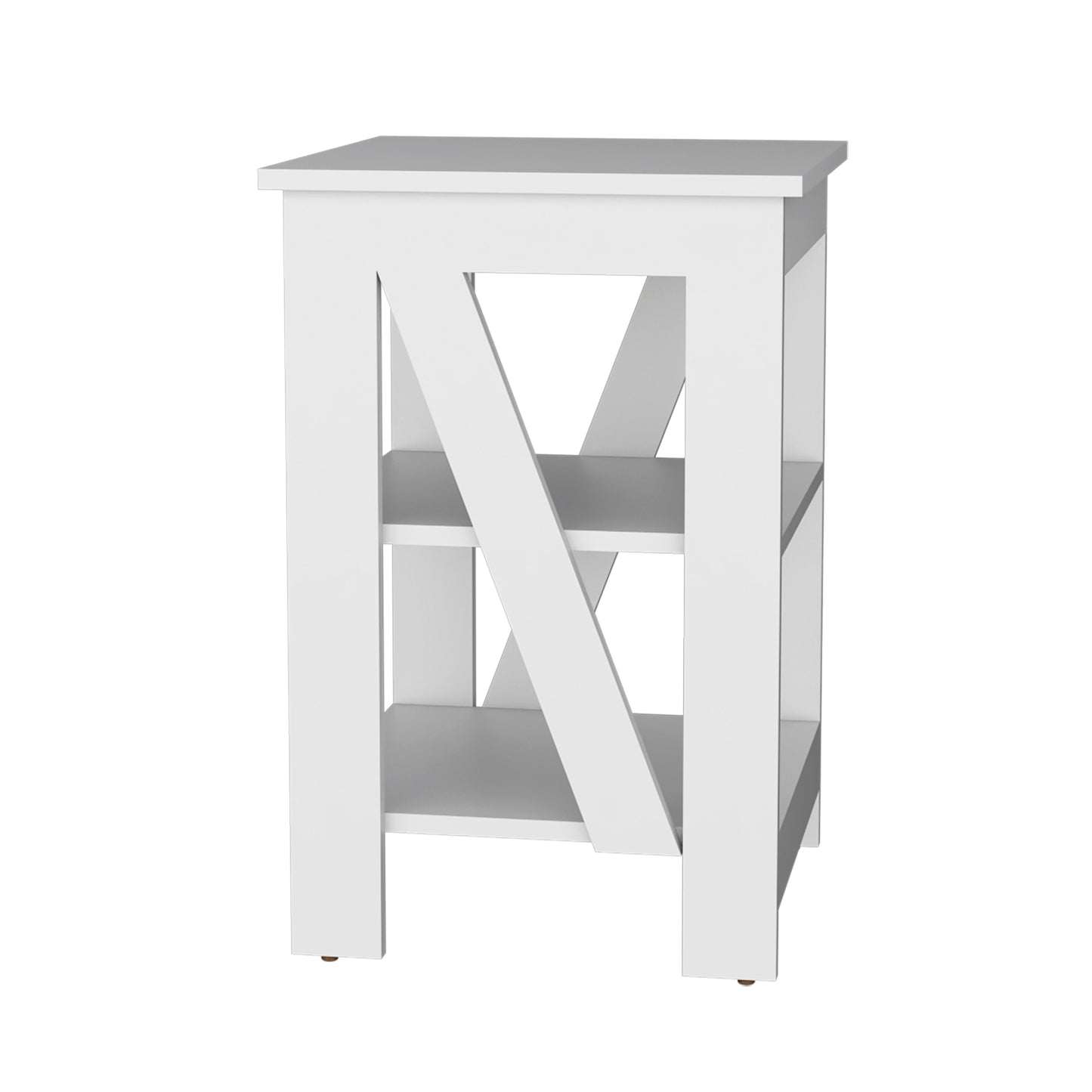 White modern side table with Xframe design and two shelves for storage