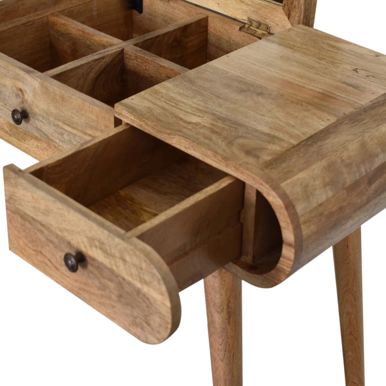 Natural wood vanity with open drawers and compartments