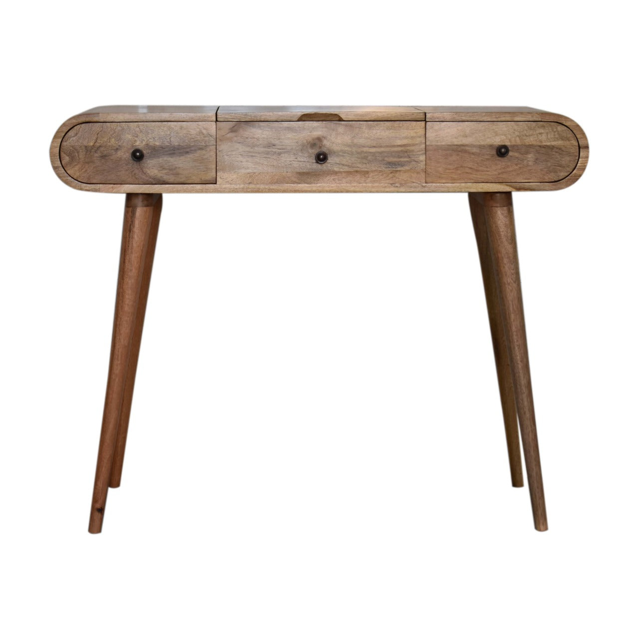 Solid wood dressing table with three drawers and tapered legs