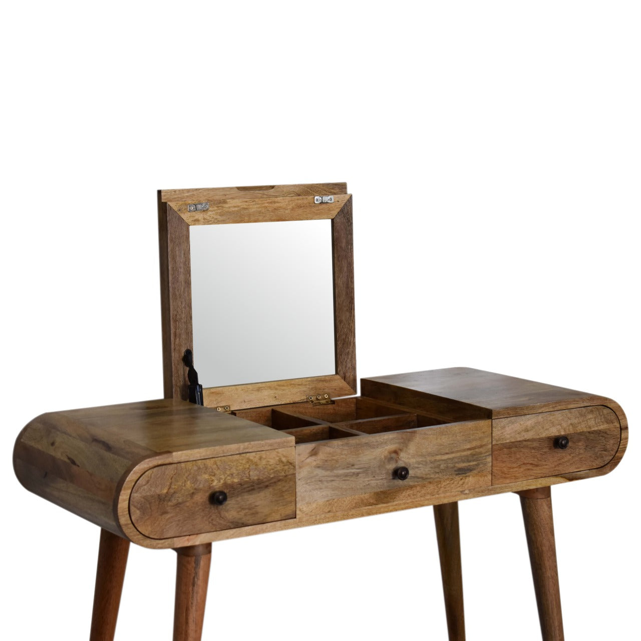 Wooden dressing table with lifttop mirror and drawers
