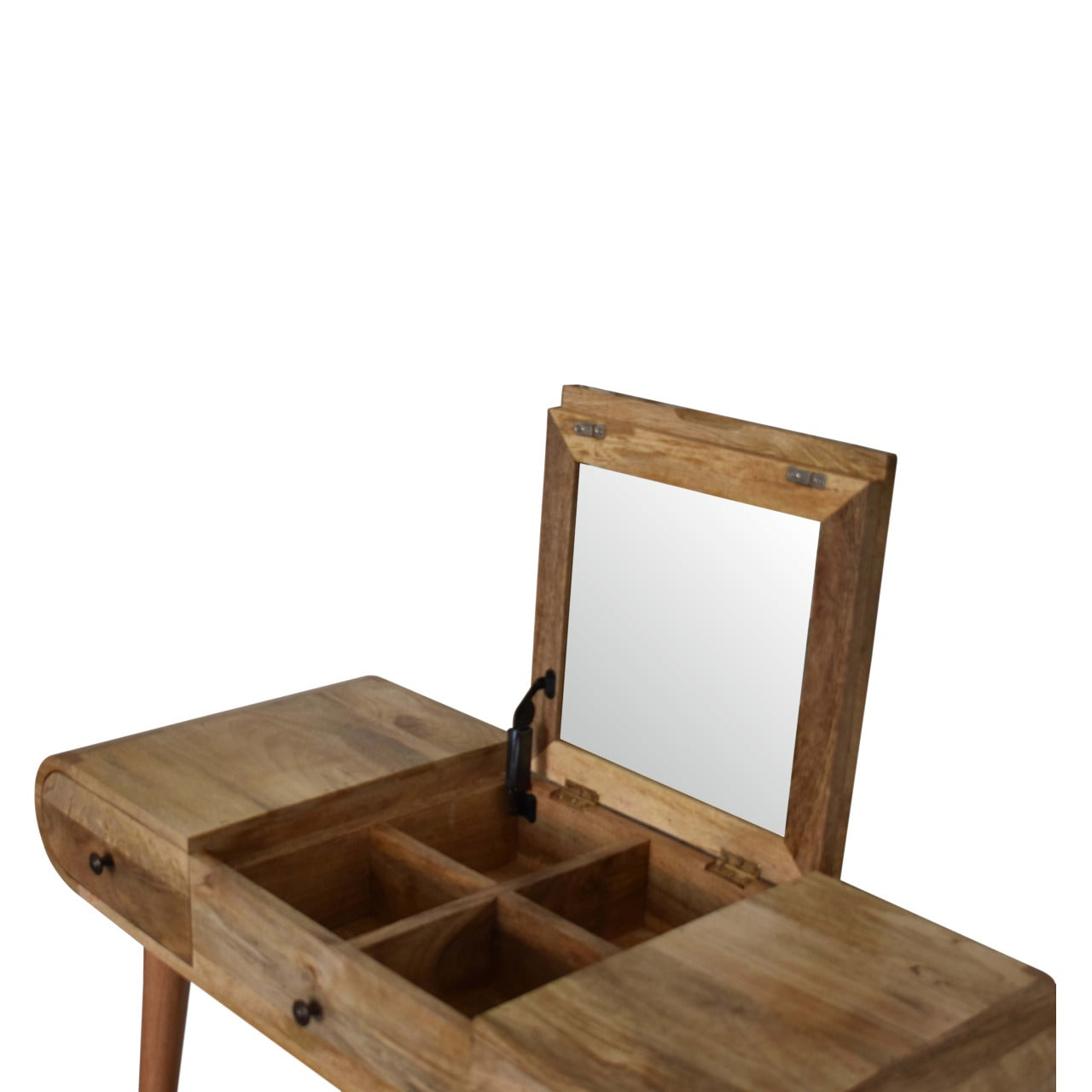 Solid wood vanity table with flipup mirror and multiple compartments