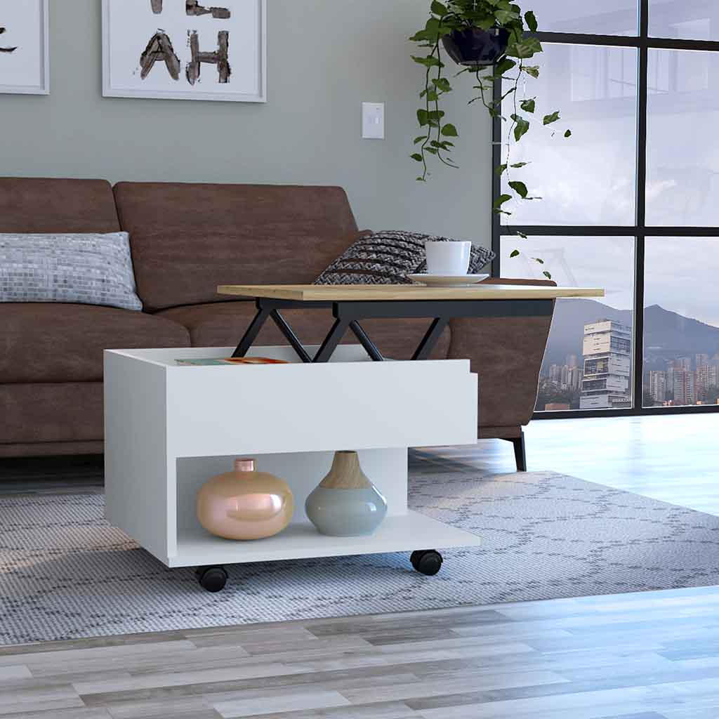 White lifting coffee table with wooden top and storage shelf