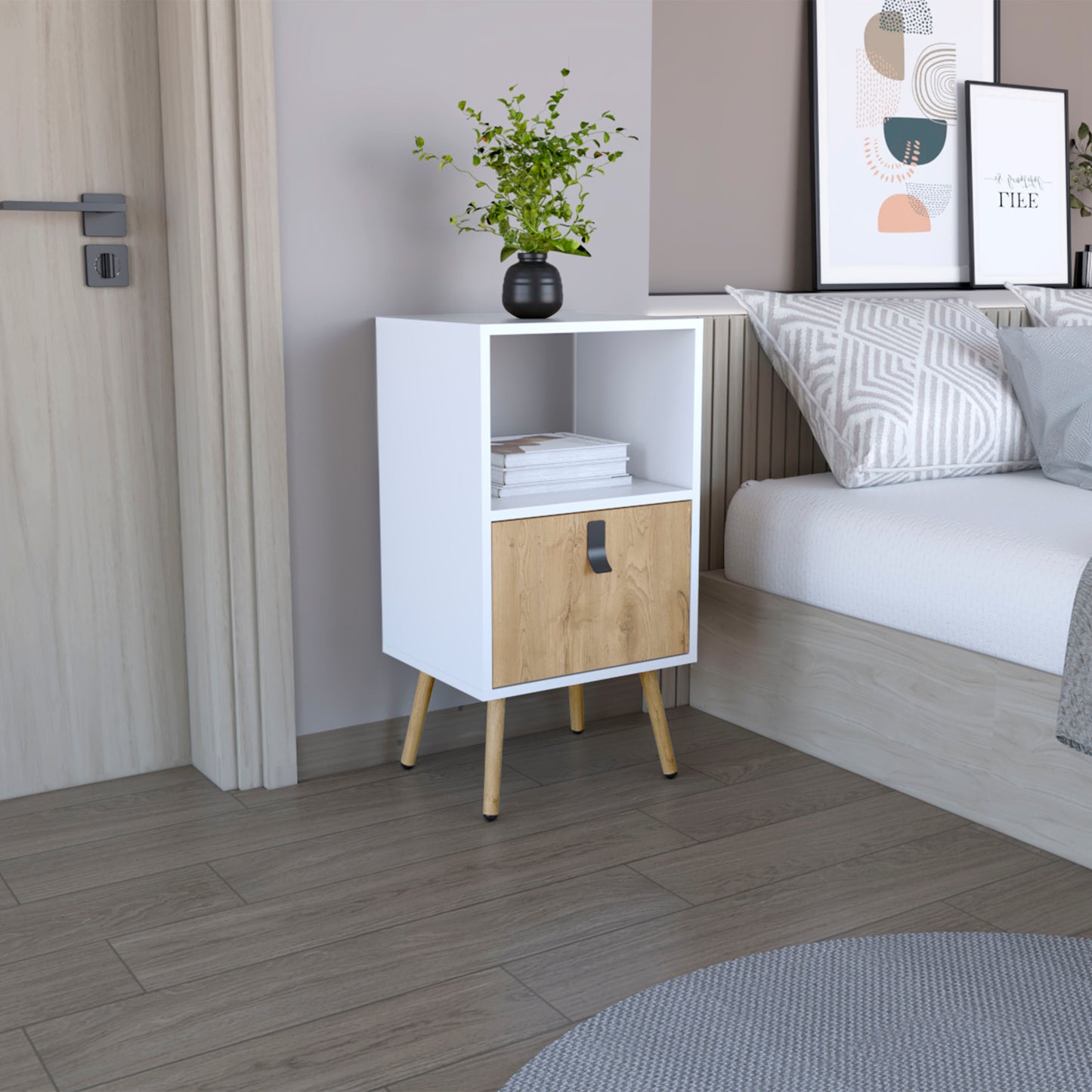 White and oak modern nightstand with tapered legs and black handle
