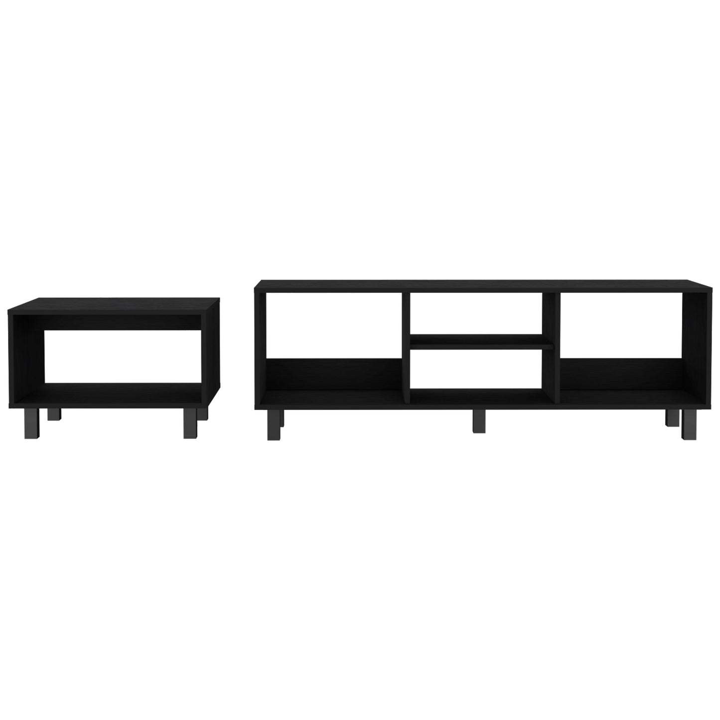 Black modern minimalist TV stand with open shelves and legs
