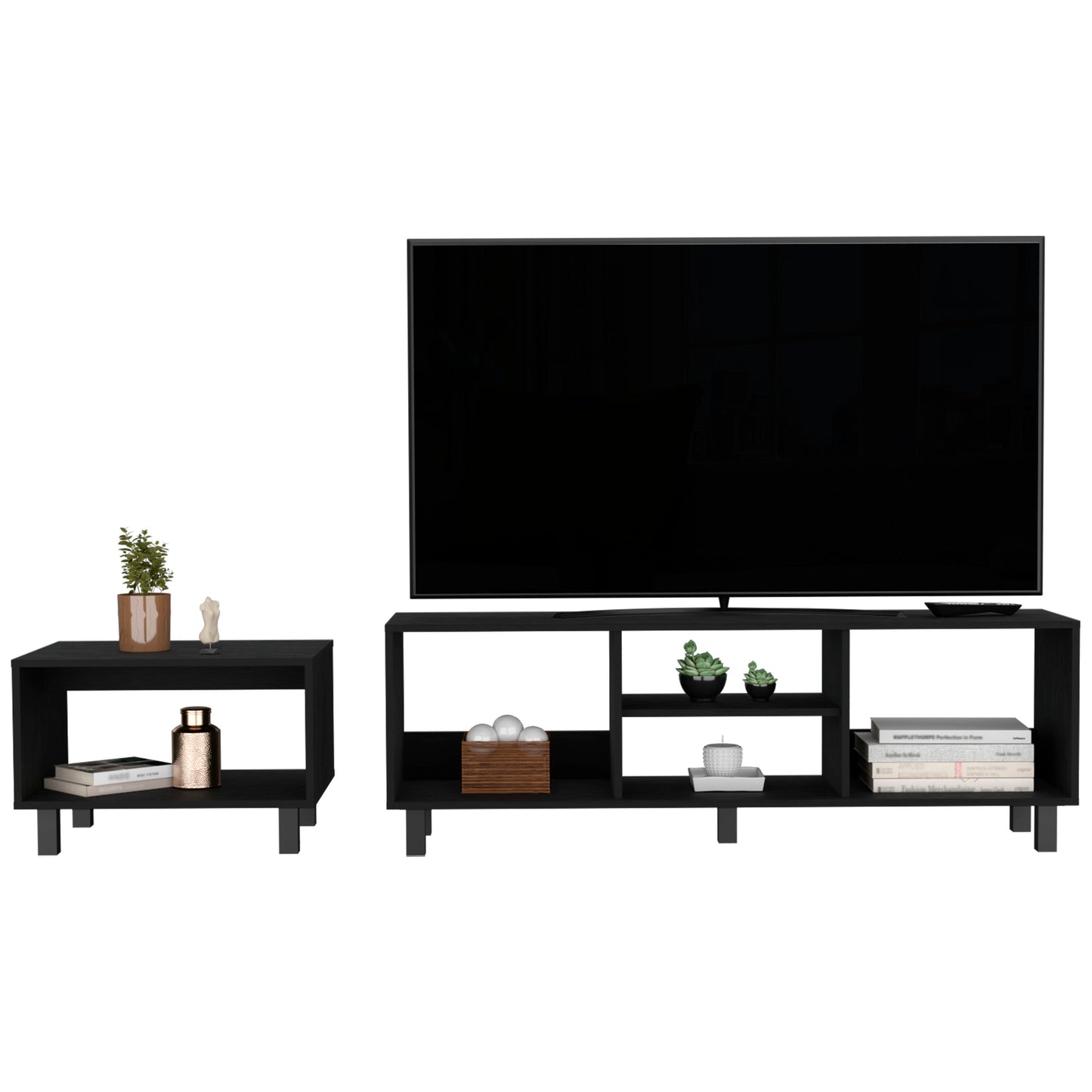 Modern black media console with open shelving and integrated TV stand perfect for living rooms