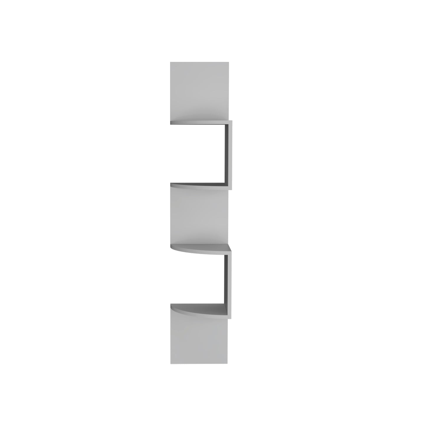 A minimalist gray floating corner shelf set with four tiered surfaces for wall display
