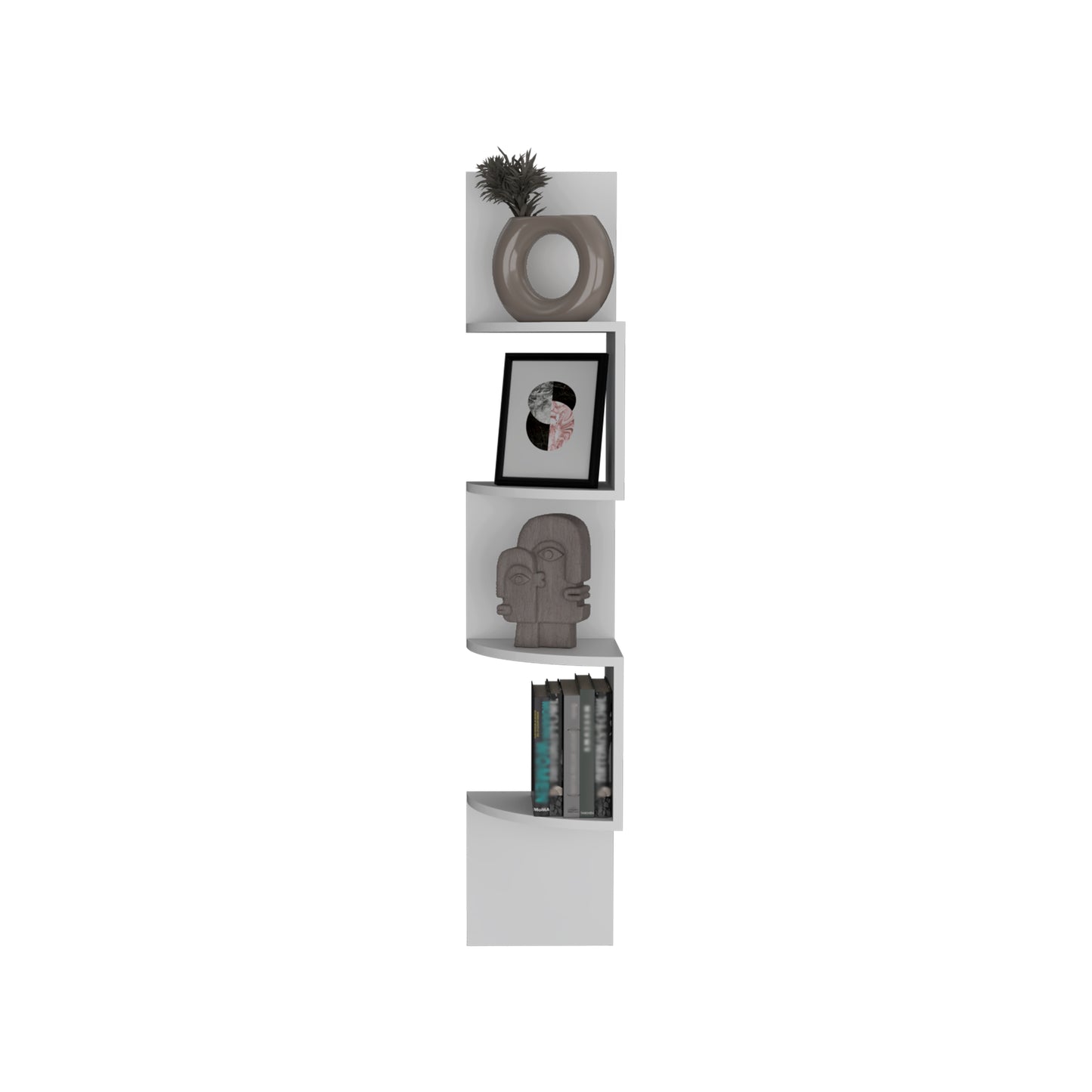 Modern floating corner shelf with taupe ceramic vase and greenery