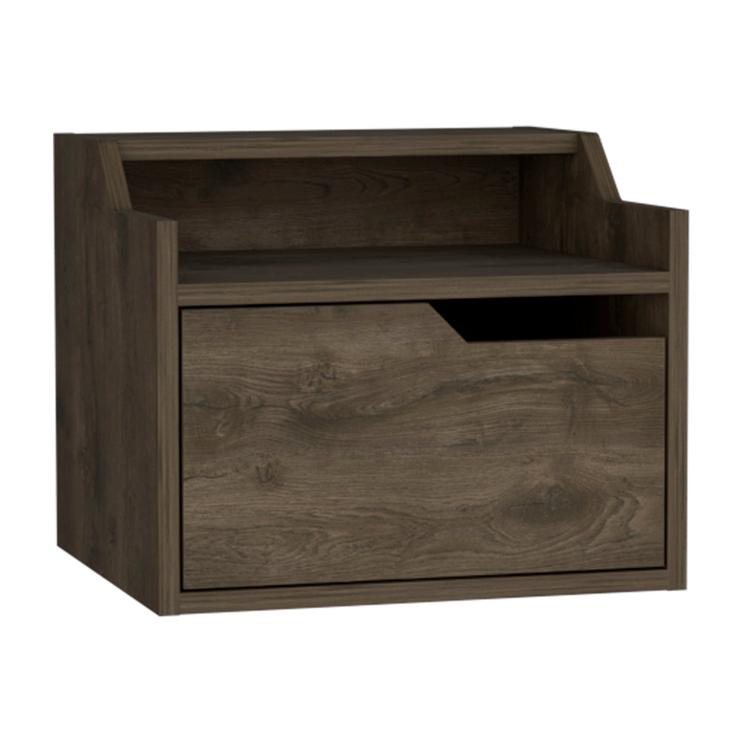 Dark woodgrain nightstand with one drawer and an open shelf above modern design