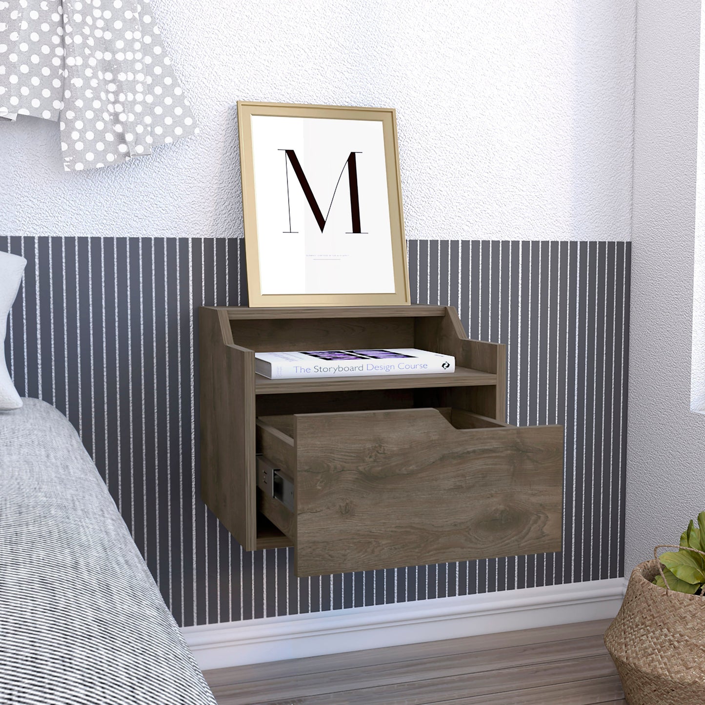 Floating nightstand in rustic oak finish with open shelf and drawer