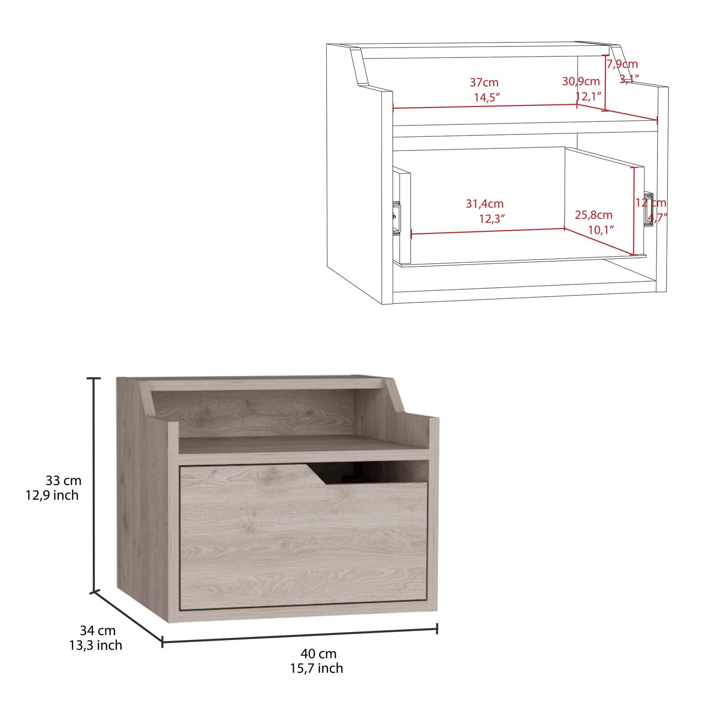 Light wood grain bedside table with one drawer and an open shelf compartment
