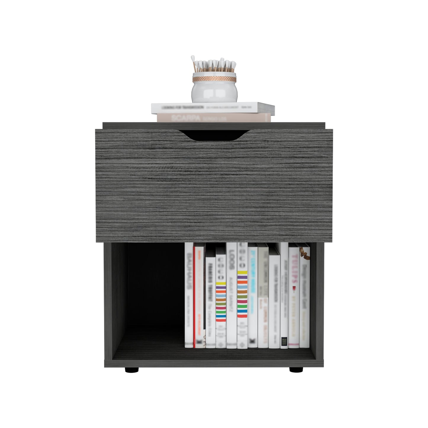 Gray wood grain nightstand with drawer and open shelf displaying books
