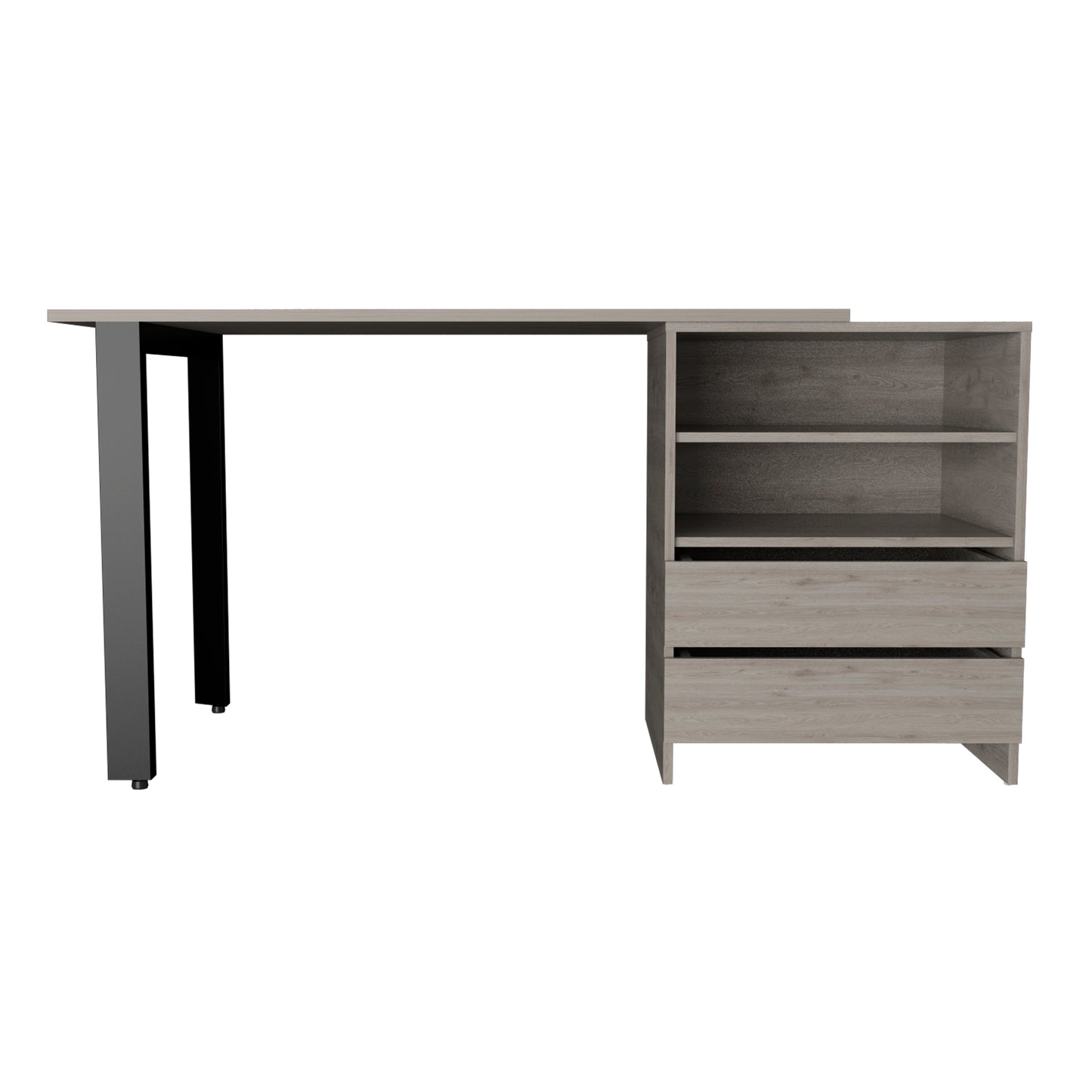 Modern light oak computer desk with black metal legs and integrated shelving unit