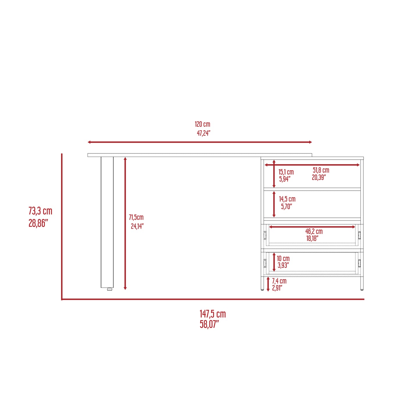 Diagram showing desk dimensions cm width cm height cm leg height