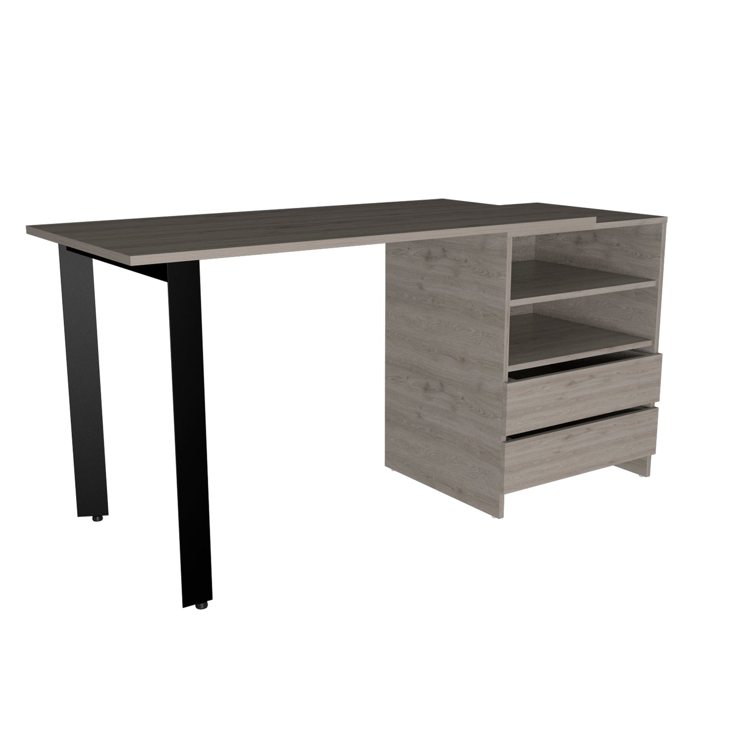 Modern grey wood desk with black metal legs and builtin shelving