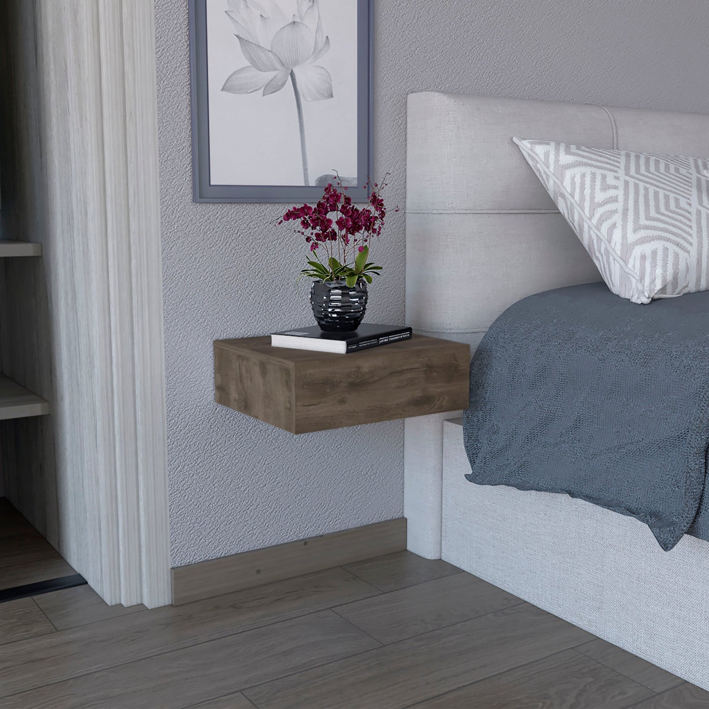 Floating walnut bedside table with modern minimalist design and sleek finish