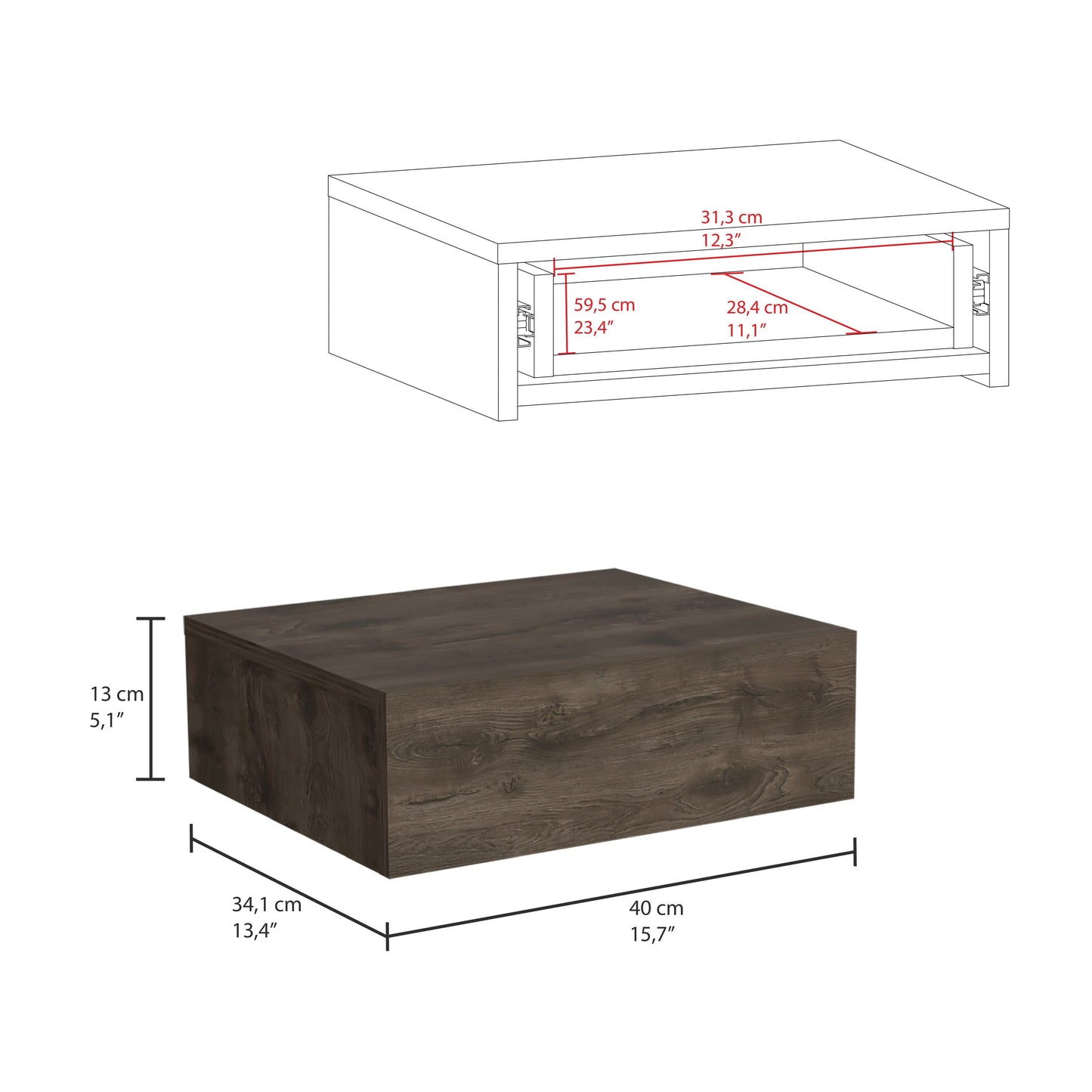 Dark wood effect cube storage unit with dimensions clearly marked