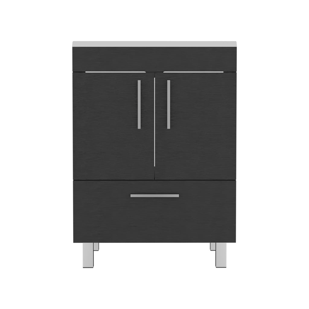 Modern dark wood bathroom vanity with two doors and one drawer