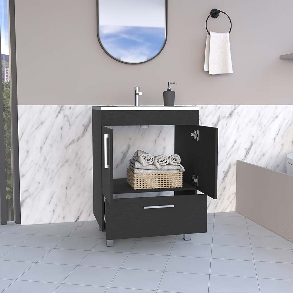 Modern dark gray bathroom vanity with open doors revealing towels in a basket