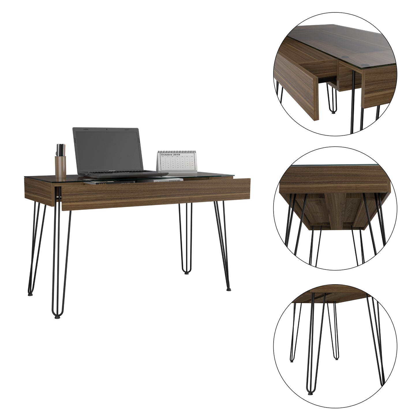 Walnut wood desk with glass top and hairpin legs featuring a drawer