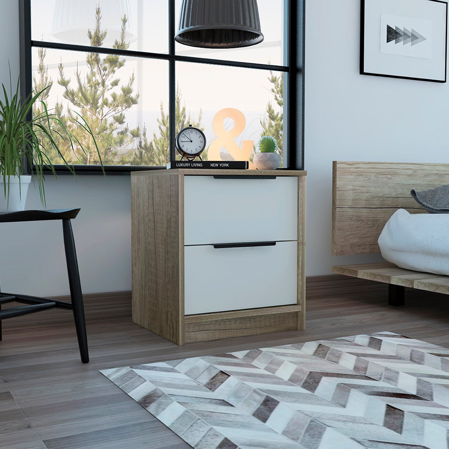Modern twodrawer nightstand with wood grain and white finish