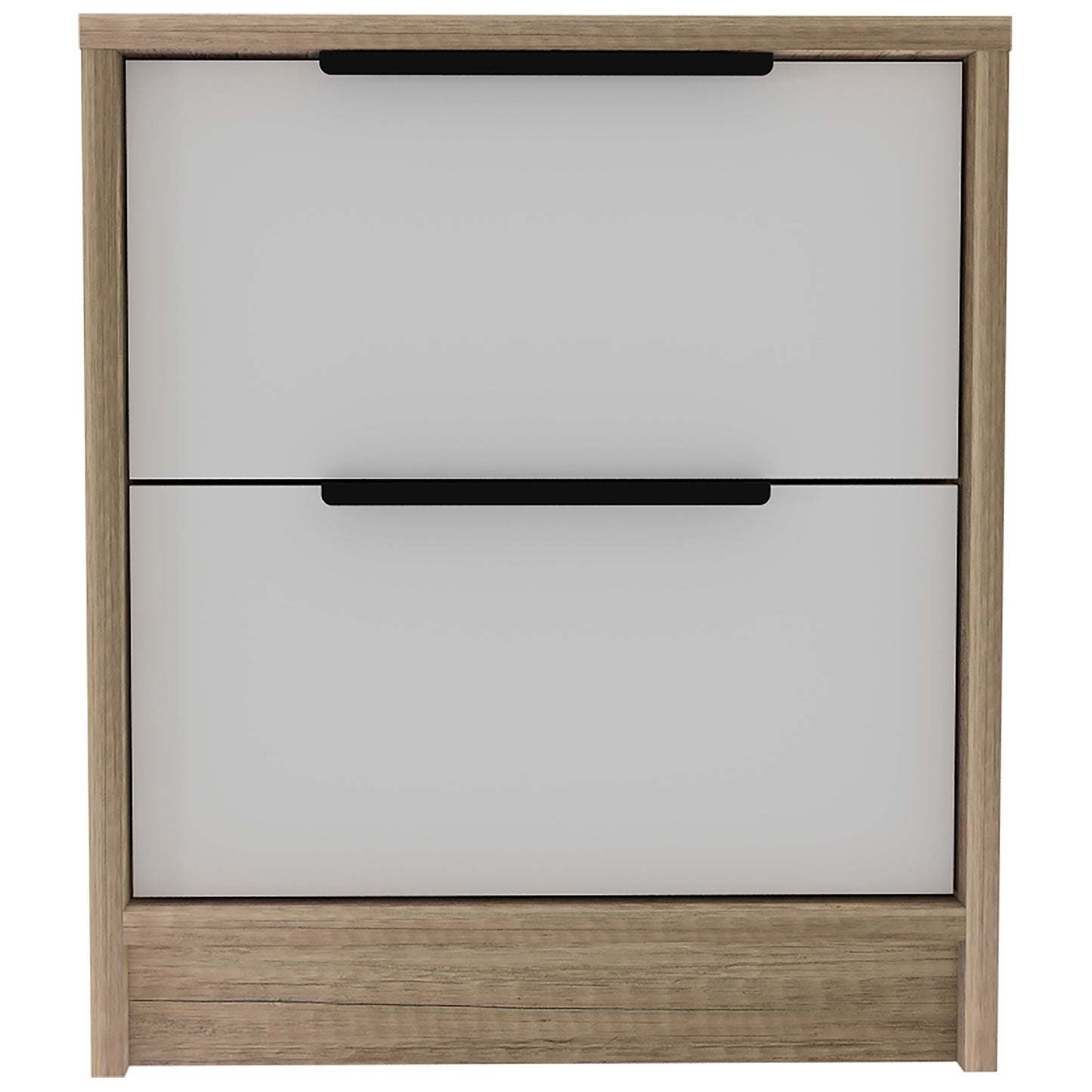 Modern grey twodrawer nightstand with natural wood frame and black handles